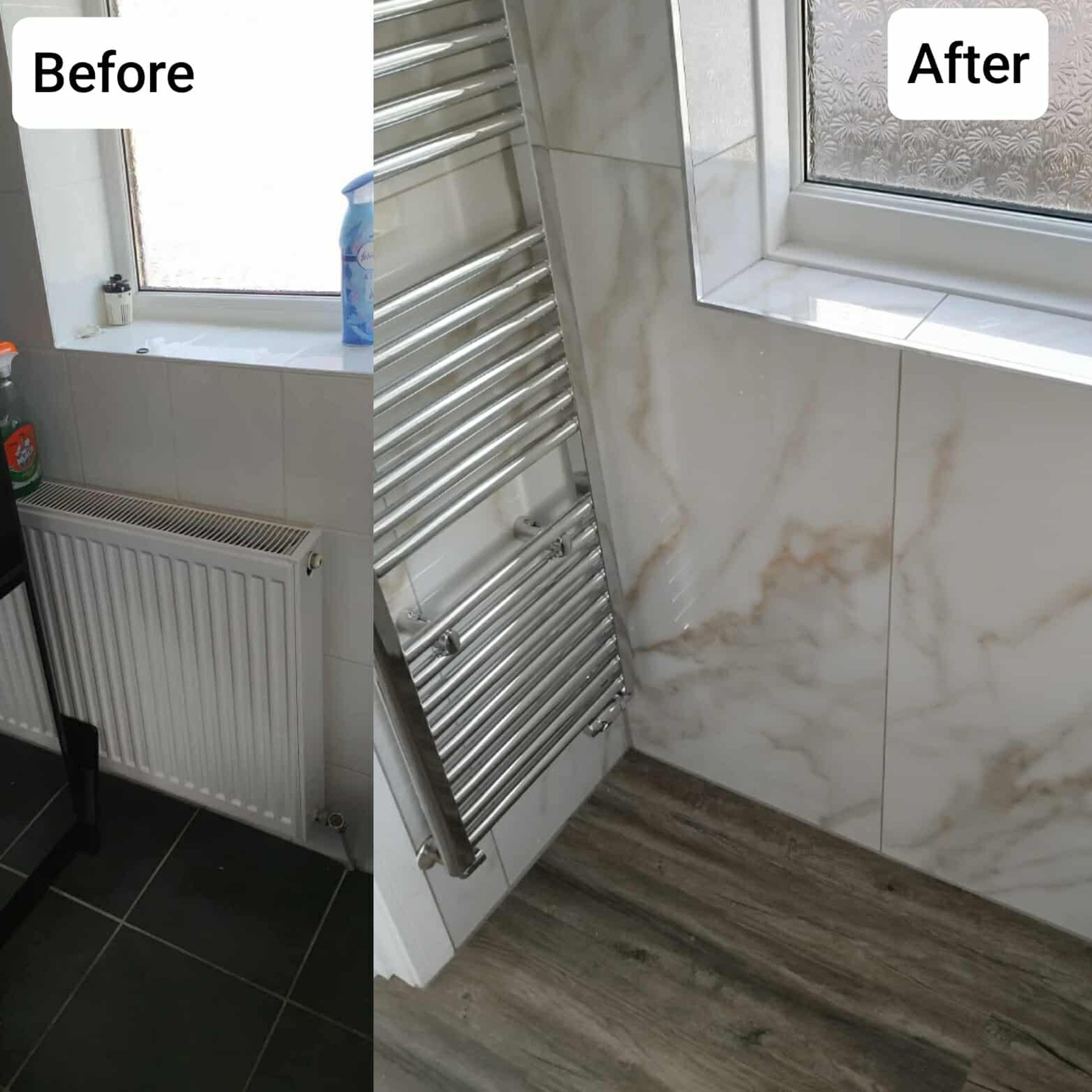 Complete bathroom makeover marble tiles luxury design showcasing radiator installation and corner details in Yorkshire home
