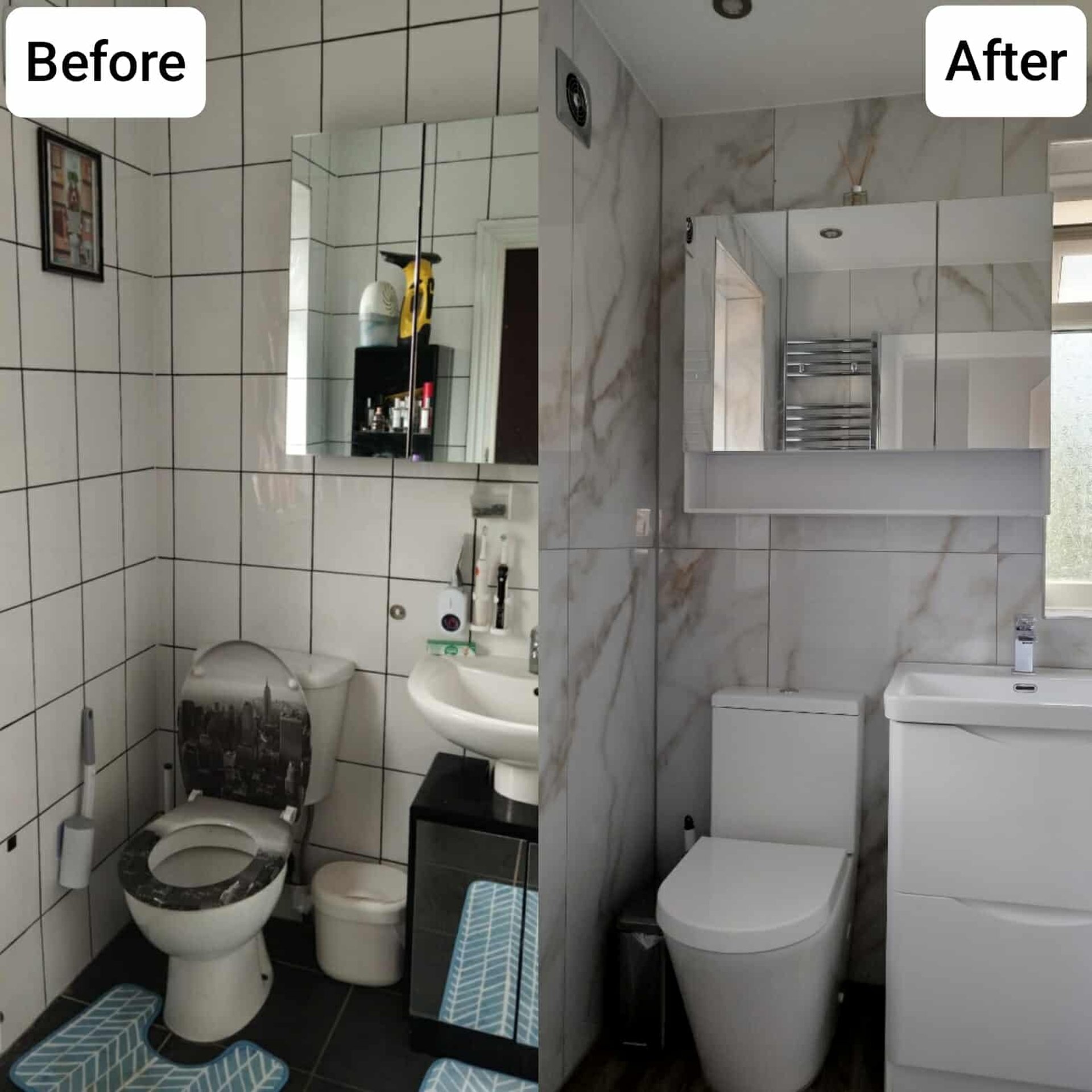 Small bathroom transformation toilet vanity modern renovation displaying space-saving solutions and elegant fixtures in Yorks