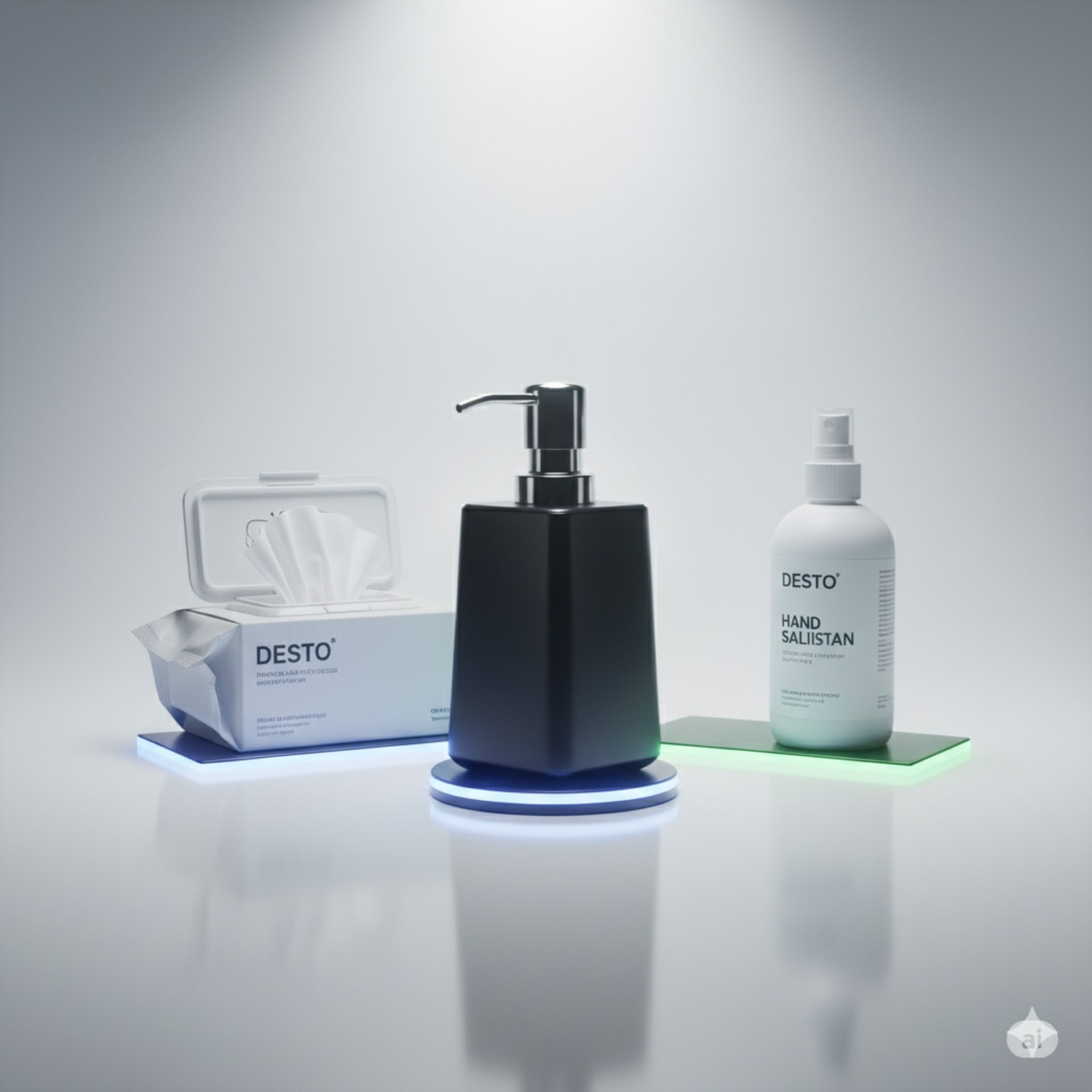 a sink with bottles of soap and a box of soap