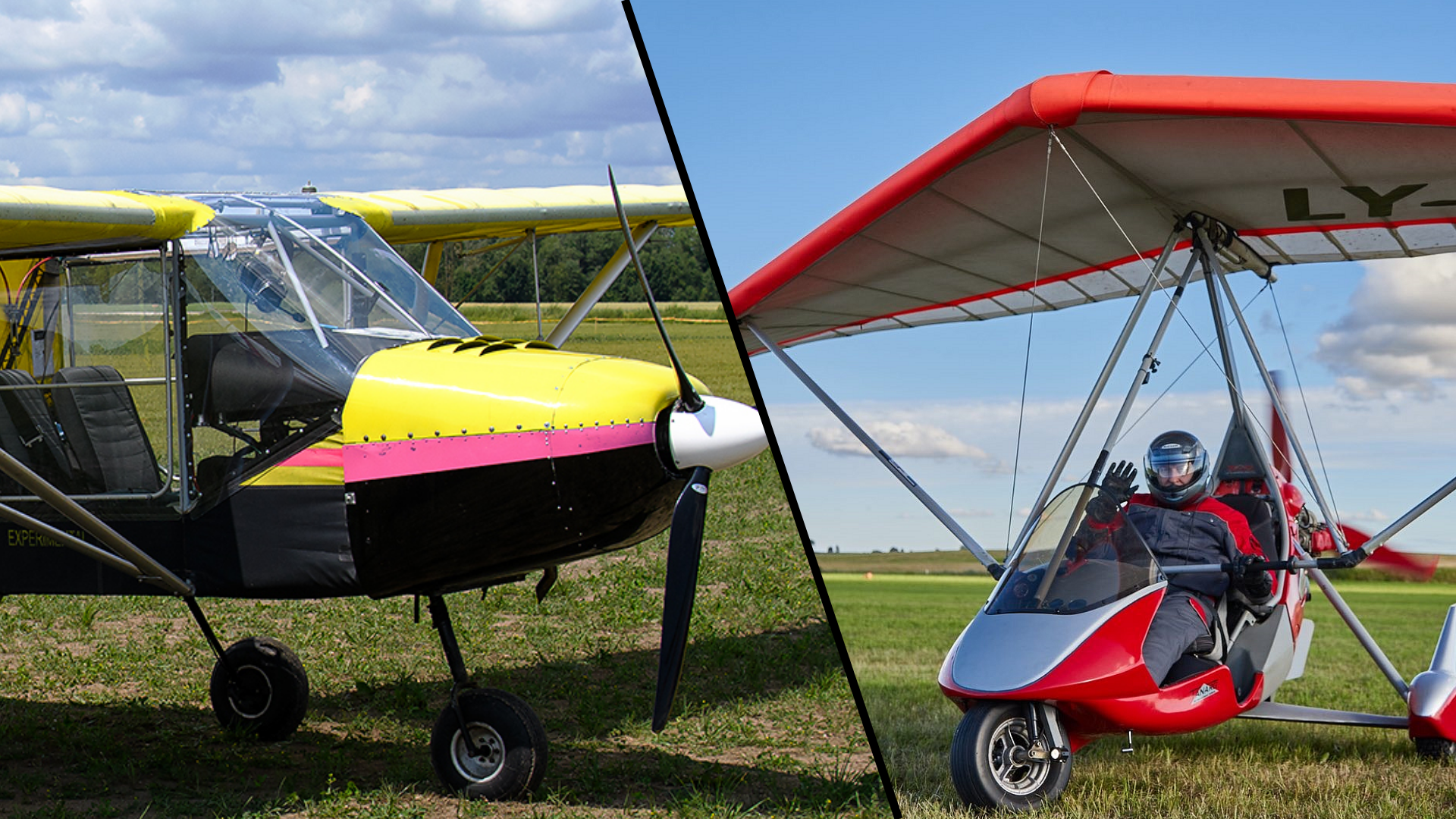 a yellow airplane sitting on top of a grass covered field
