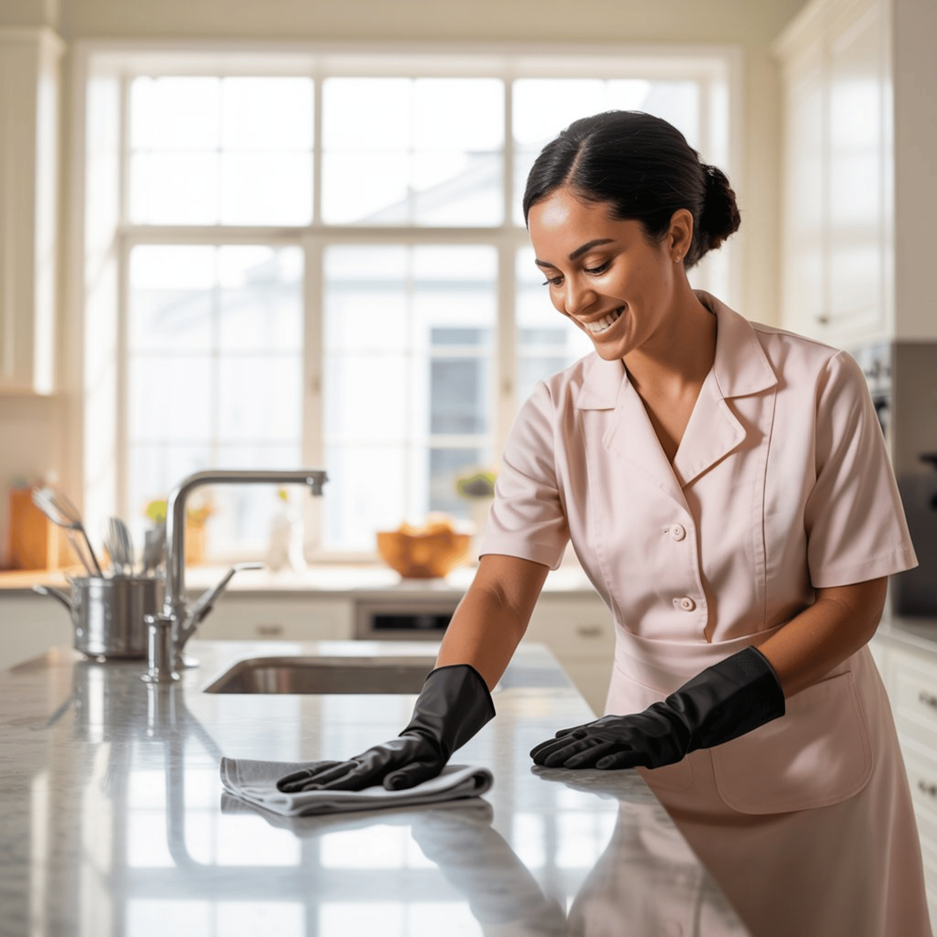 A person in yellow gloves and blue gloves cleaning a floor