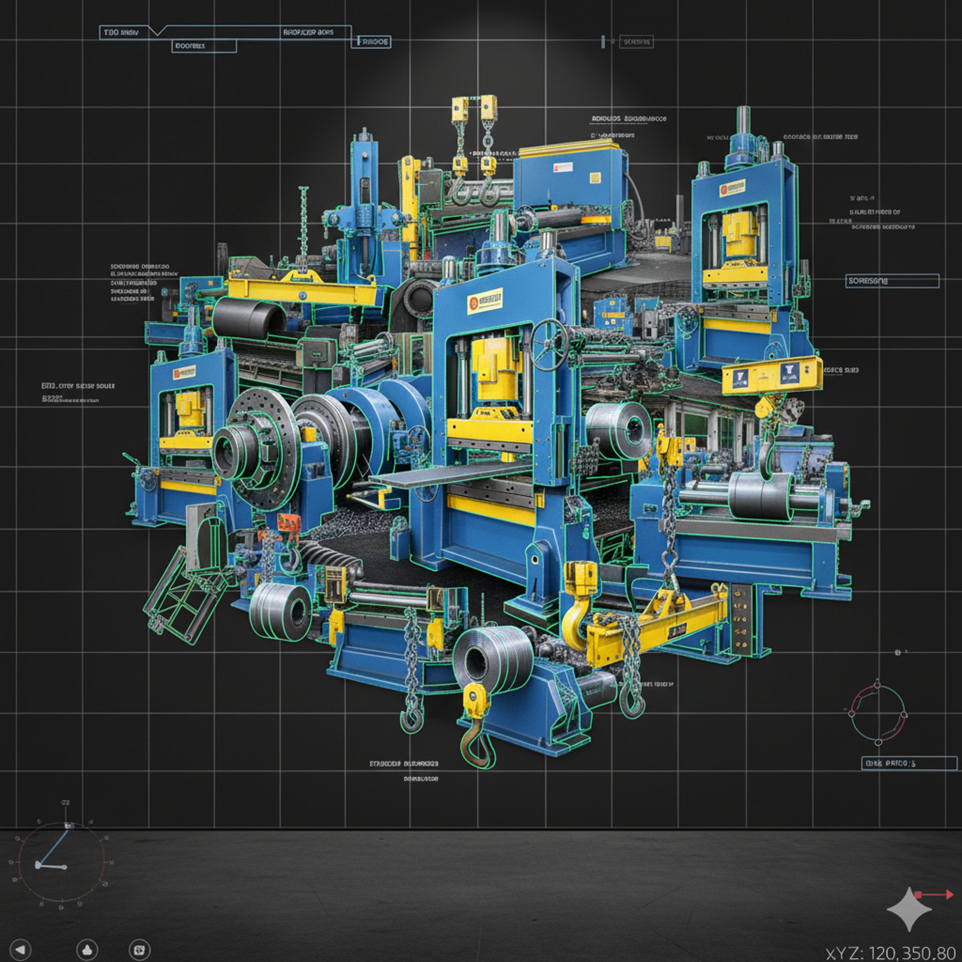 rolls of steel are lined up in a warehouse