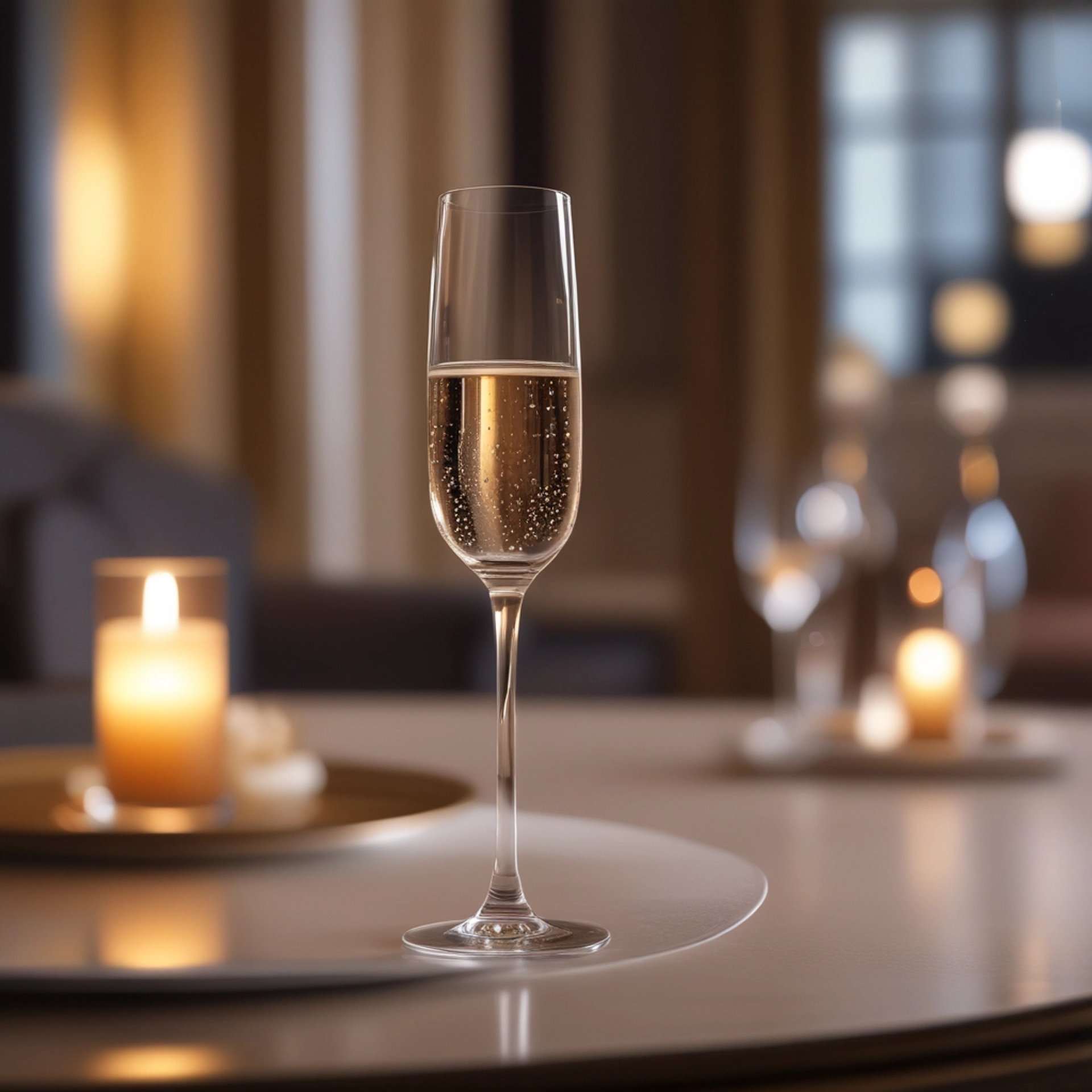candlit table top with  a glass of champagne on top