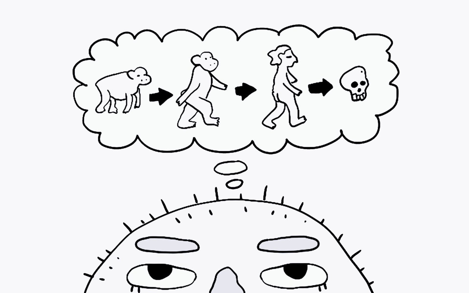 Ilustración de un pensamiento sobre la evolución lineal humana que termina en un cráneo.