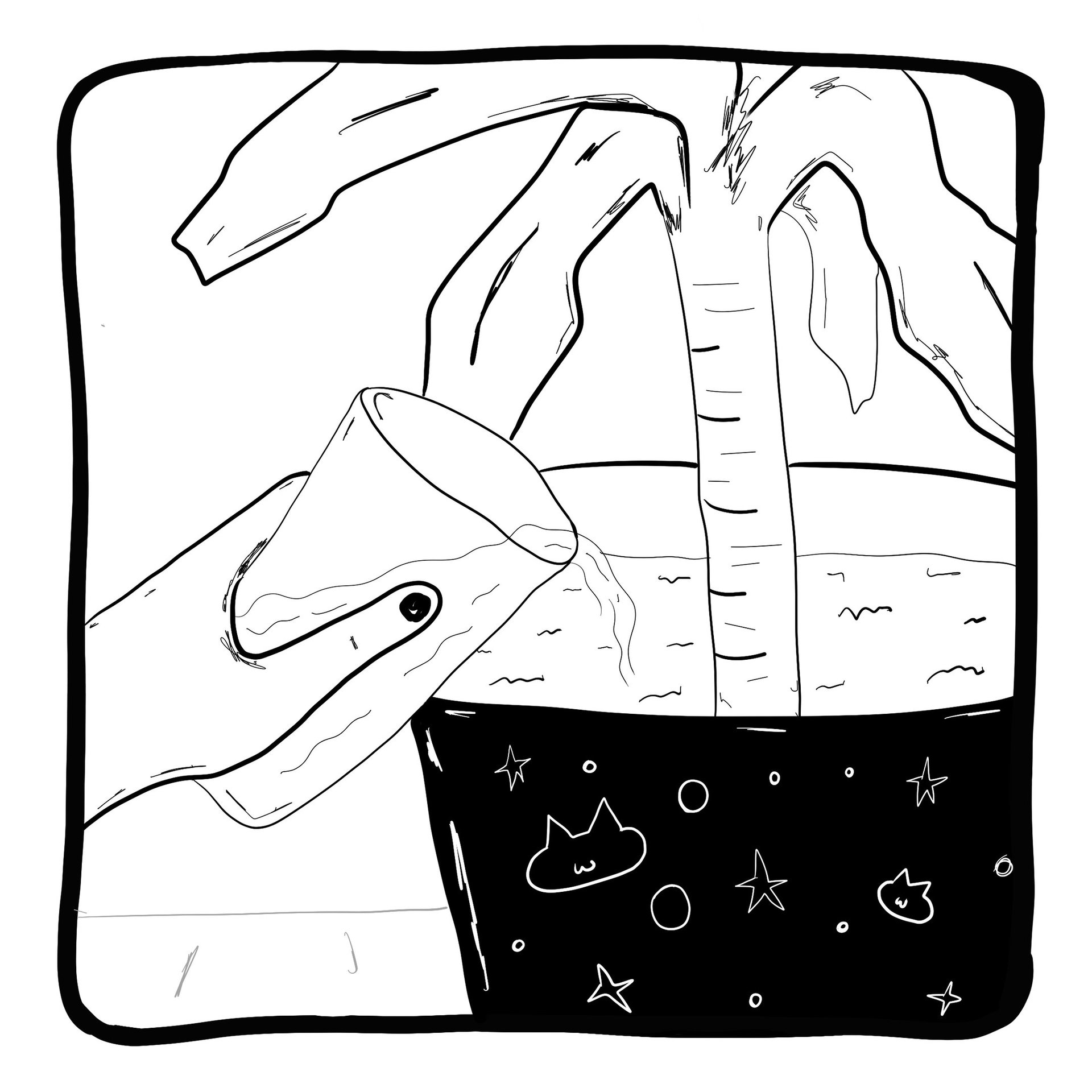 Mano vertiendo agua sobre una planta en una maceta decorada con dibujos de gatos y estrellas.