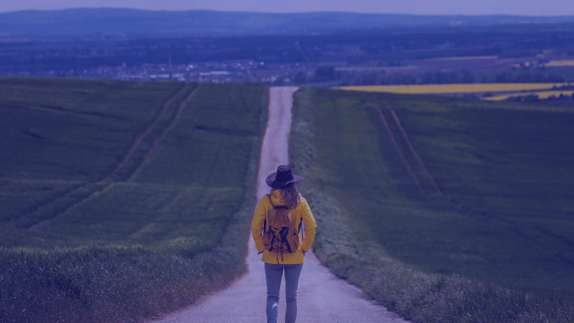 person carrying yellow and black backpack walking between green plants