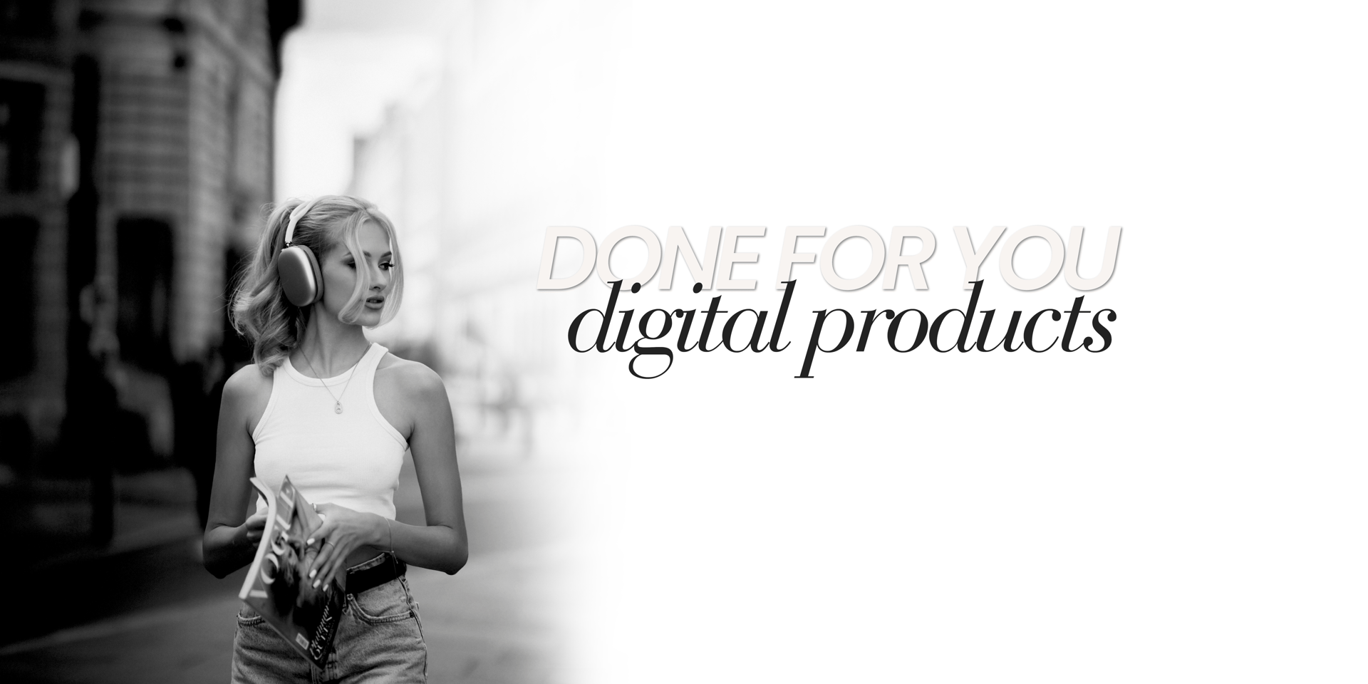 A beautiful blonde woman wearing a tank top and jeans with head phones walking in the city while browsing a Vogue magazine