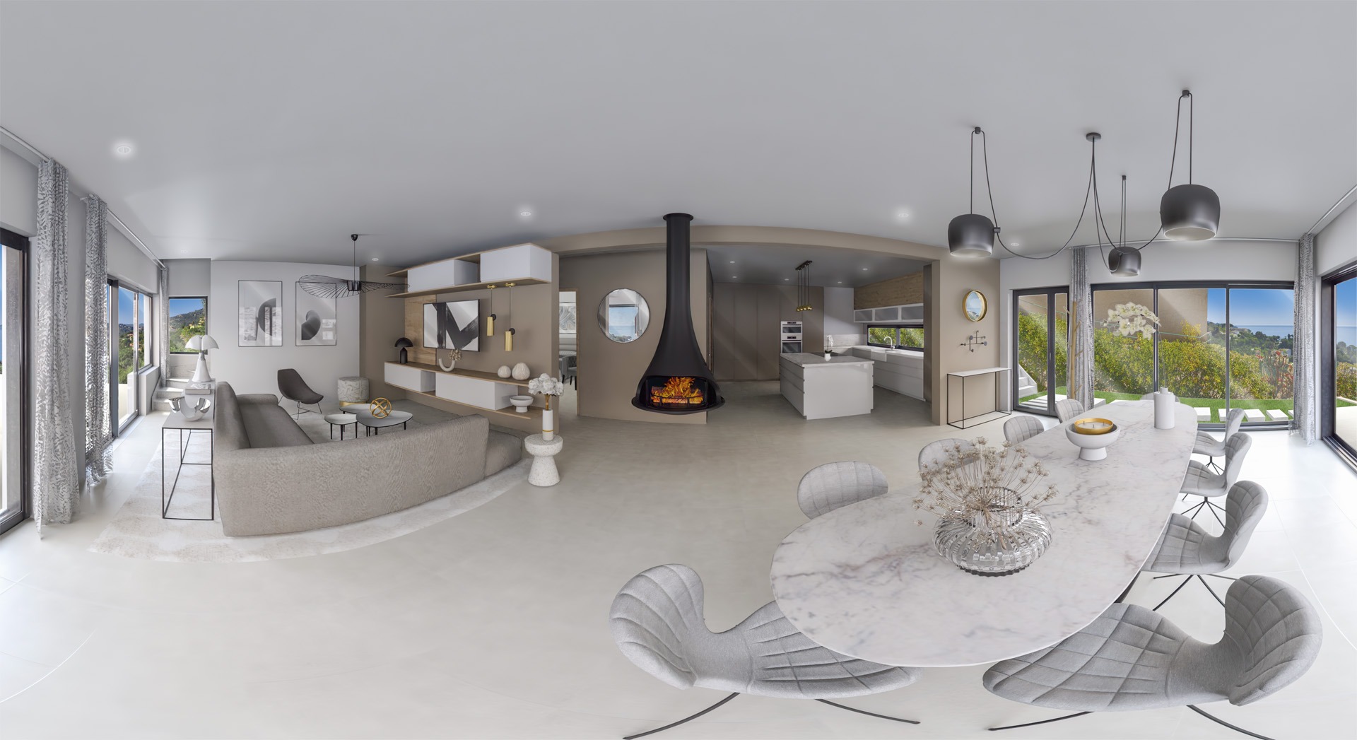 Visite 360° du salon luxe - Villa contemporaine à Rayol-Canadel avec vue mer | Architecte d'intérieur Var