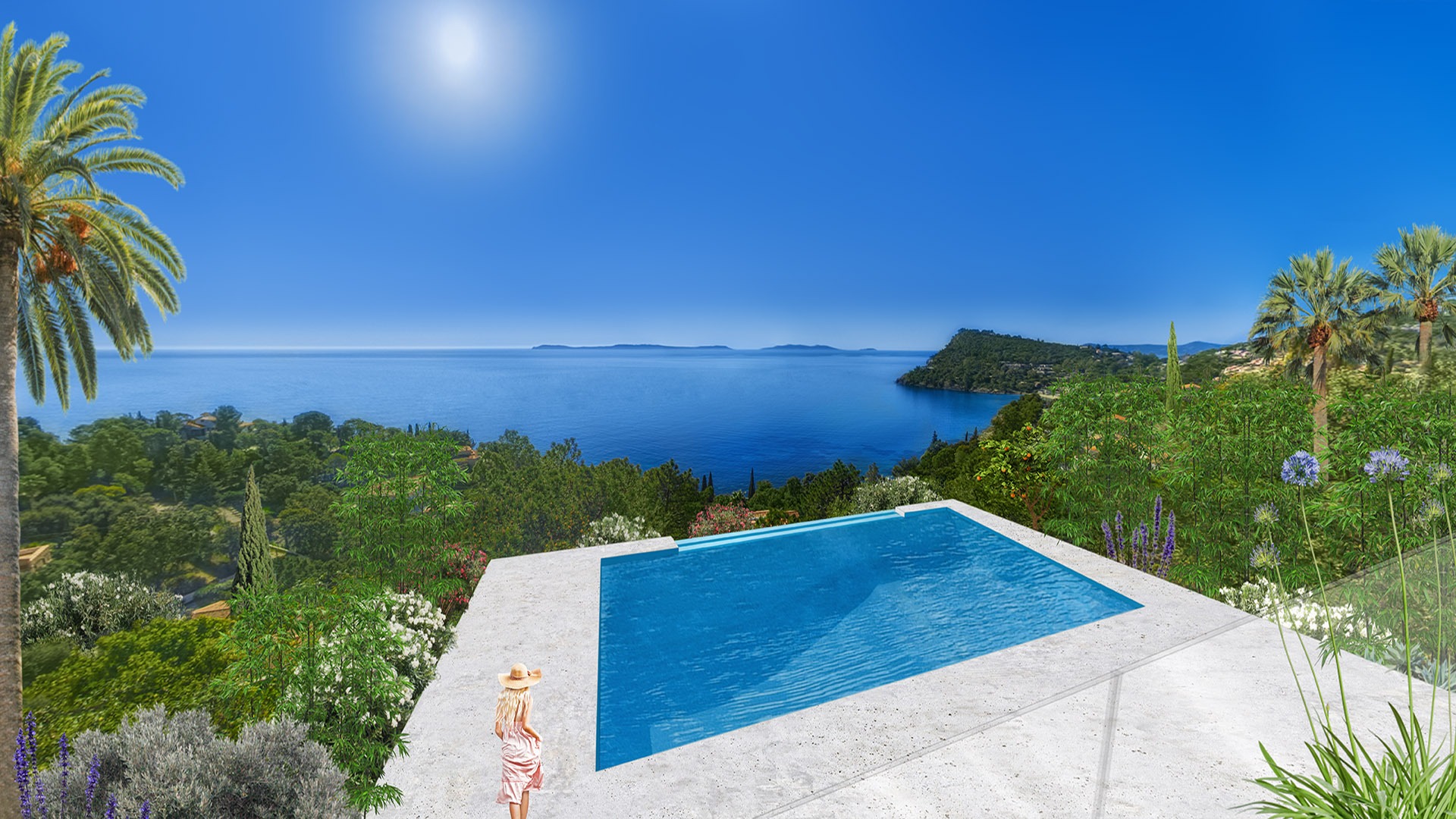 Terrasse luxueuse avec piscine à débordement - Villa contemporaine vue mer à Rayol-Canadel | Architecte d'intérieur Var