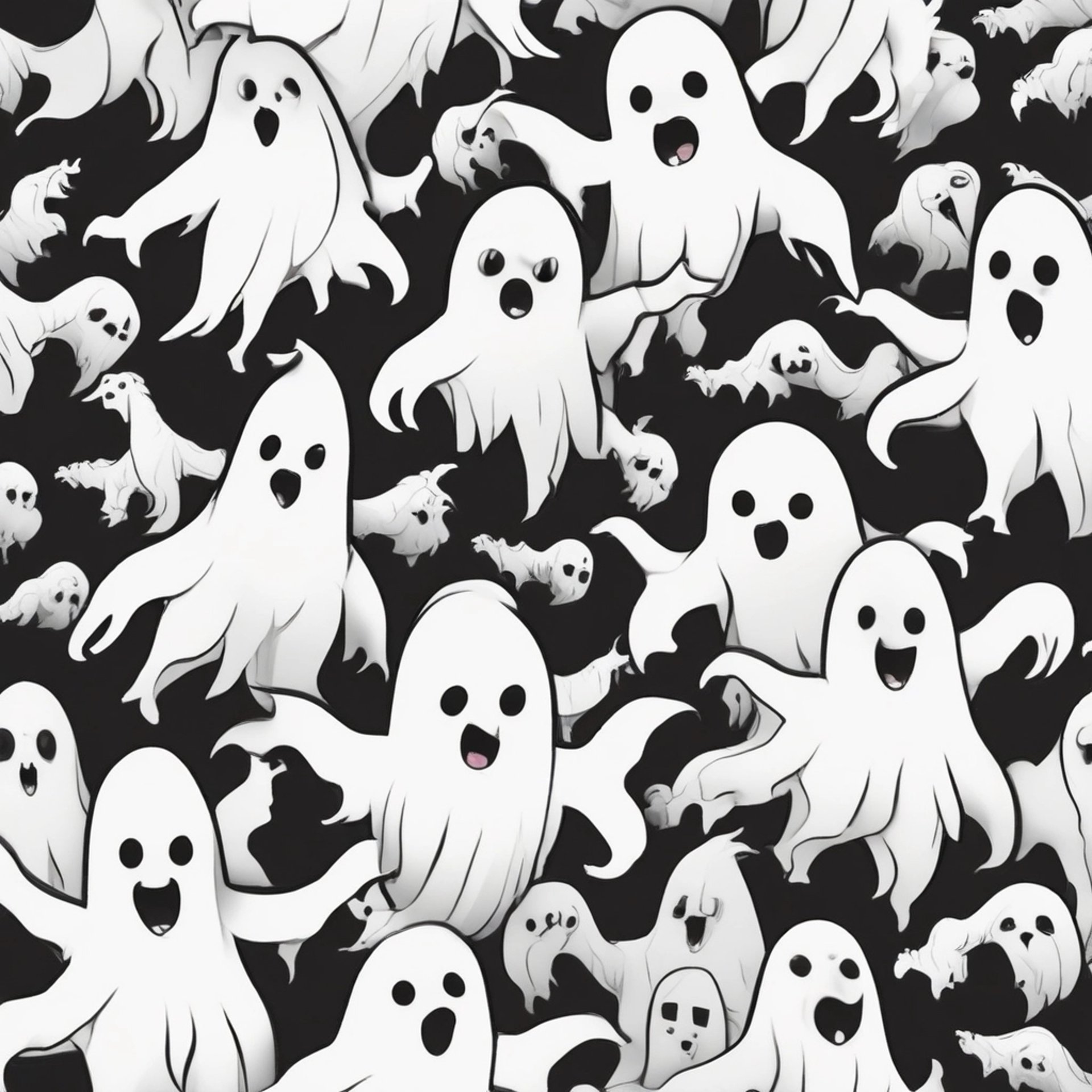 three ghost statues in the dark with their faces glowing