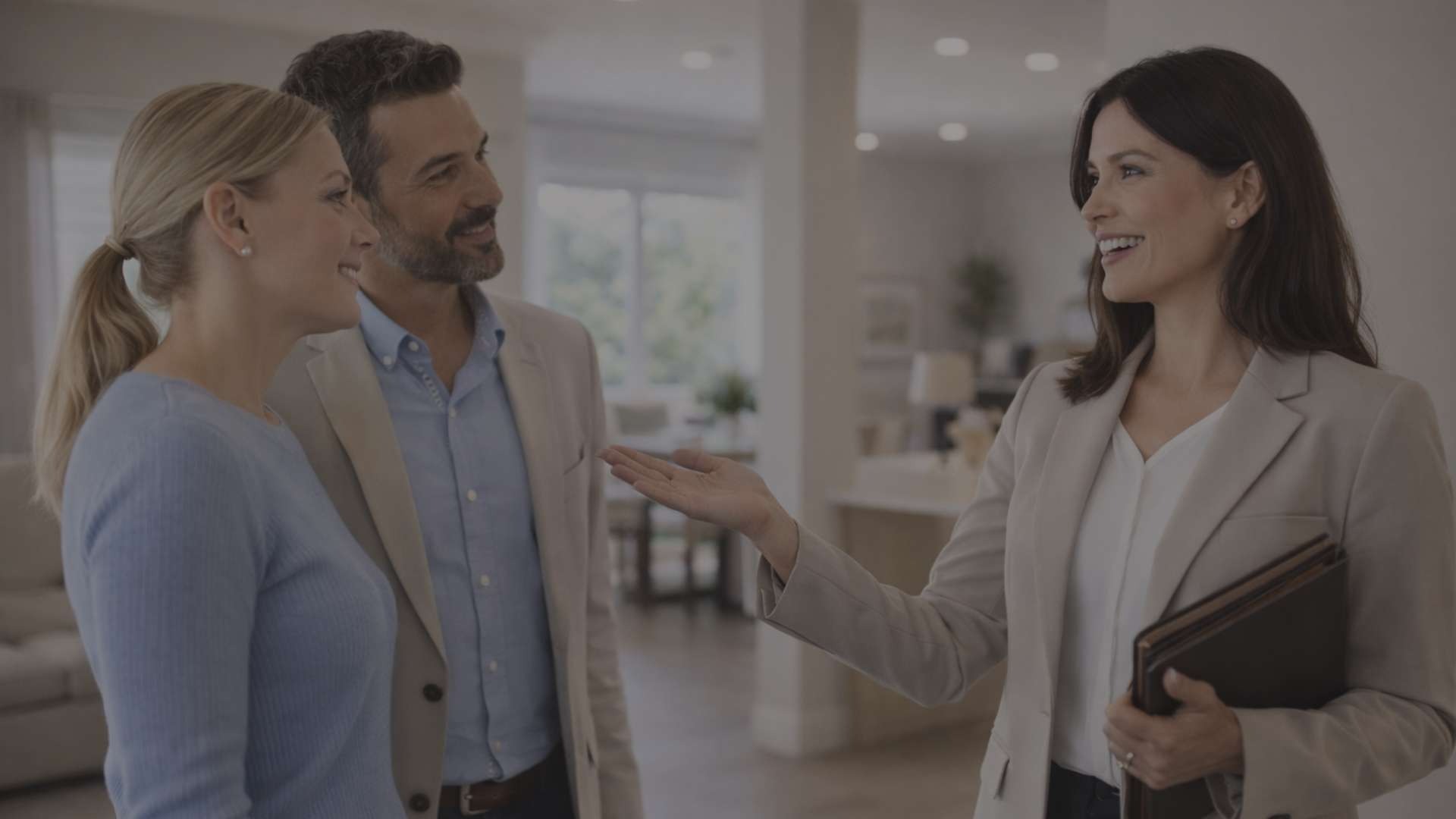 Homepage hero static image of realtor and couple on home tour