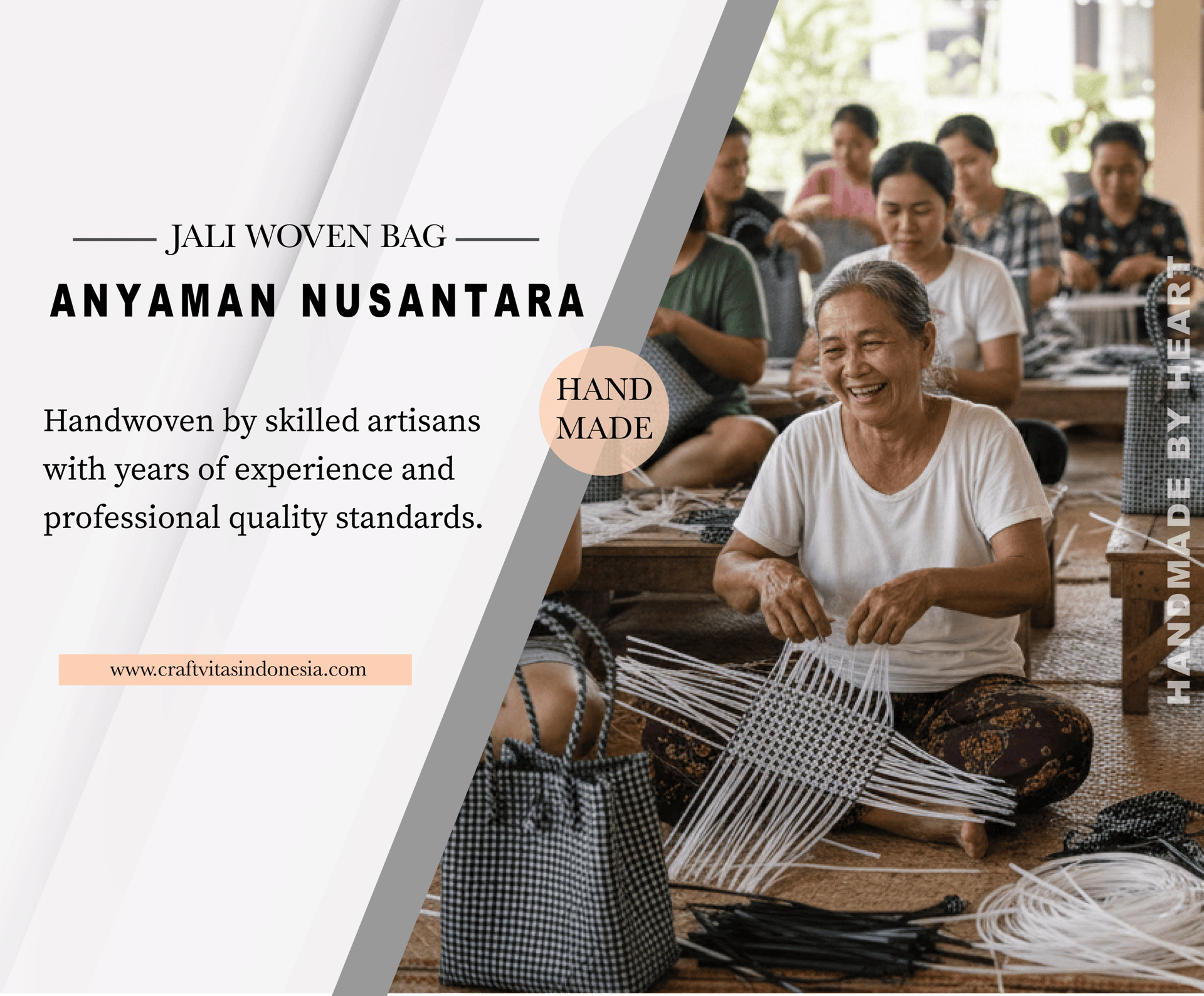 Indonesian artisans handweaving jali bags using traditional techniques and professional quality standards