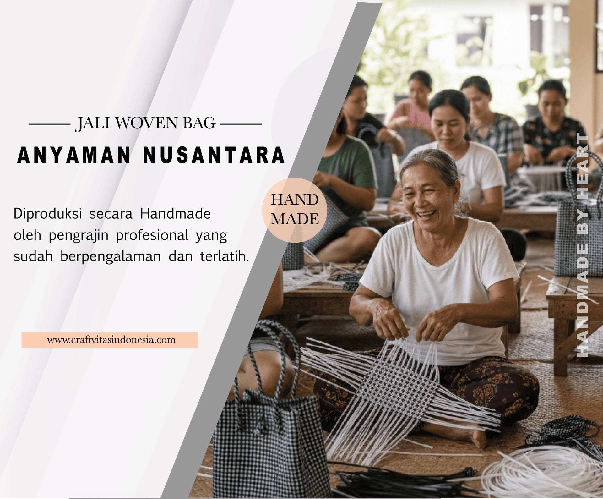 Proses pembuatan tas anyaman nusantara handmade oleh pengrajin lokal dari plastik daur ulang