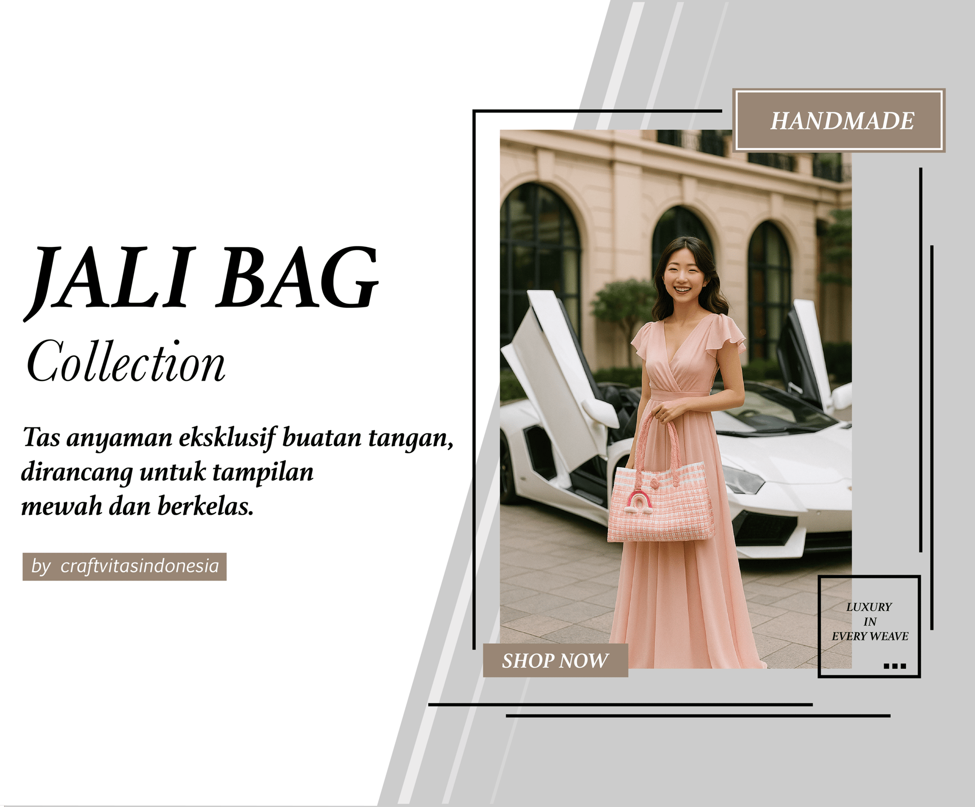 Tas anyaman jali jali handmade dari plastik daur ulang dengan tampilan elegan dan berkelas