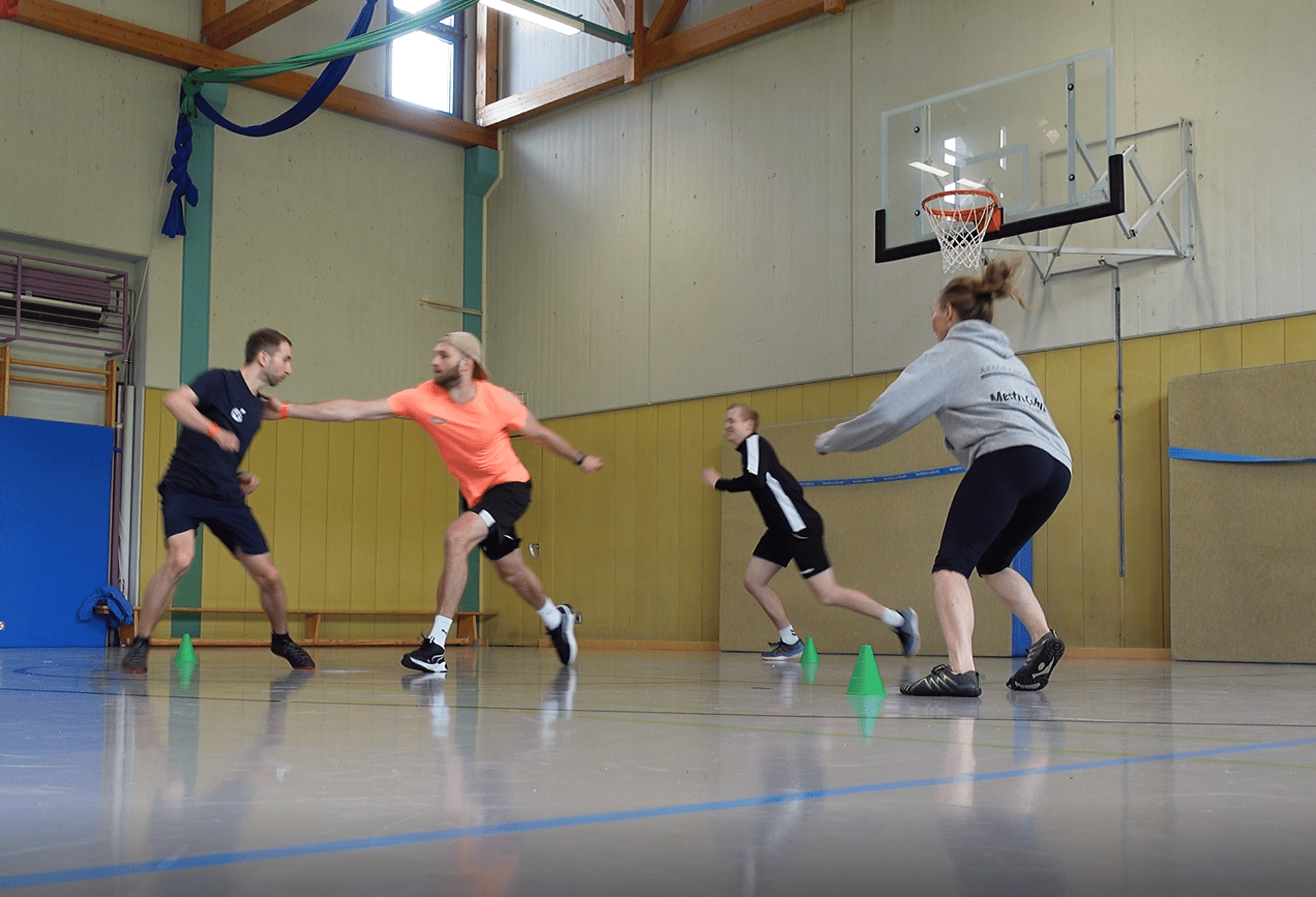 three pairs of assorted-color Rogue bumper plates