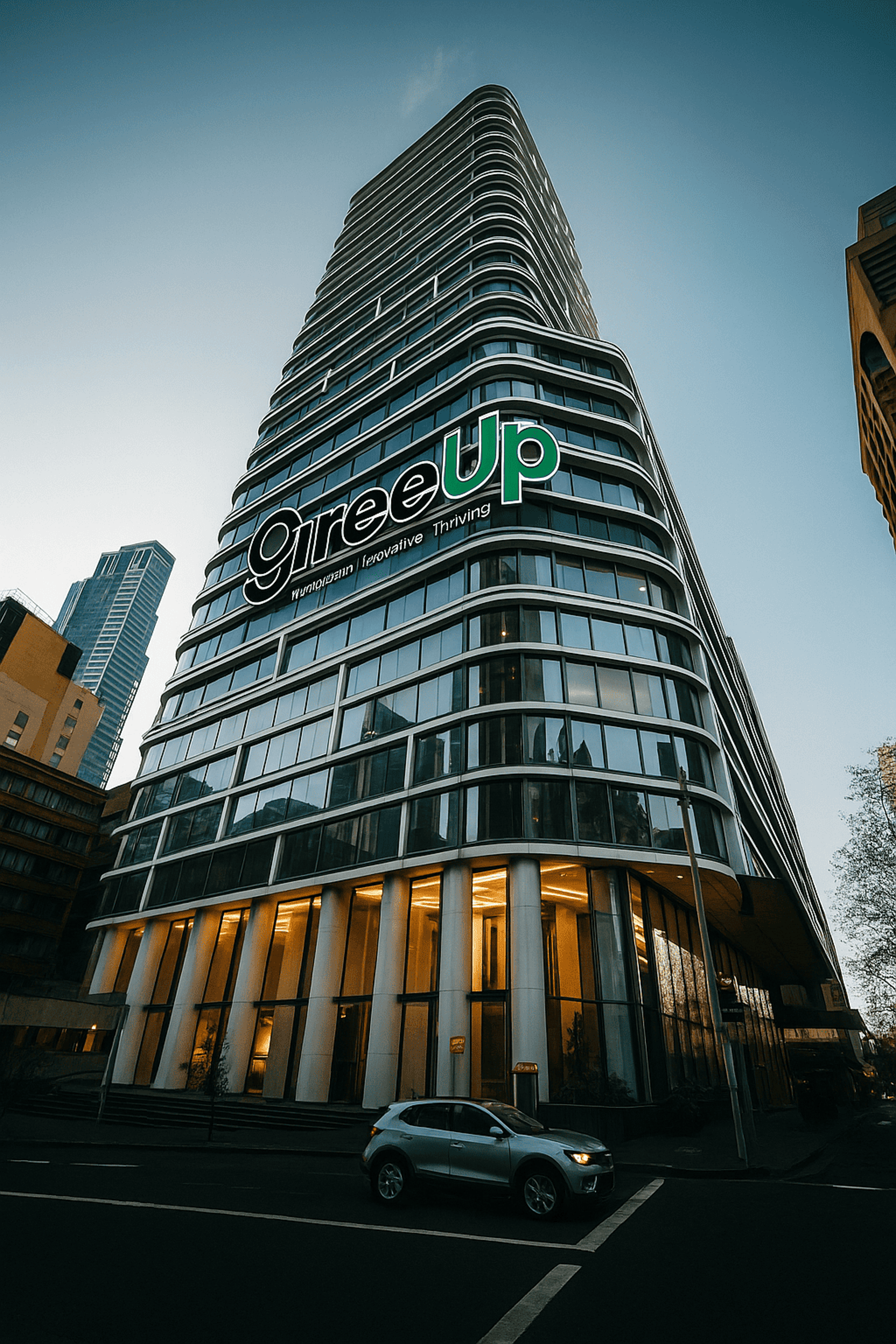 an abstract photo of a curved building with a blue sky in the background