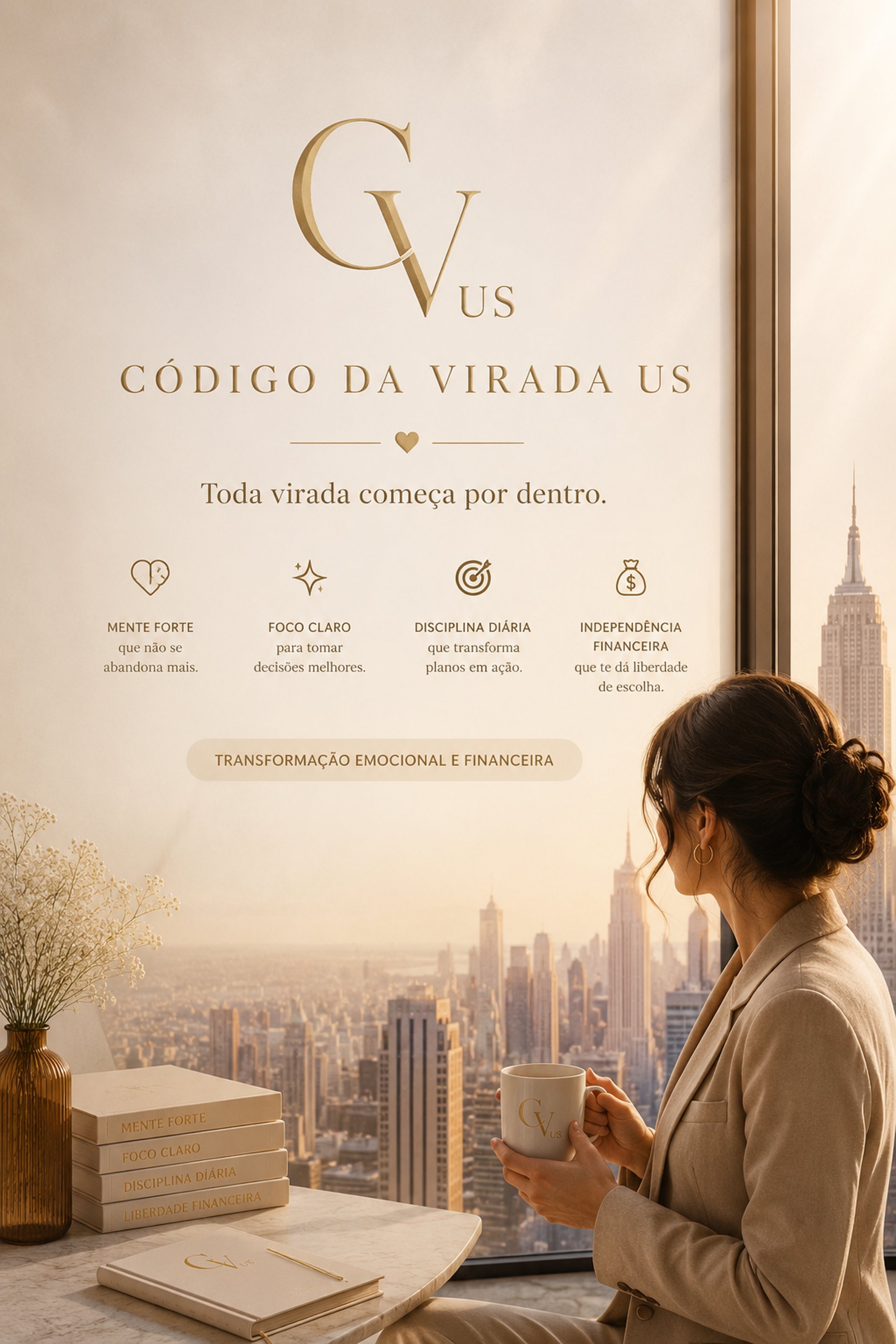 Código da Virada US — mulher observando a cidade pela janela representando transformação emocional, mentalidade forte 
