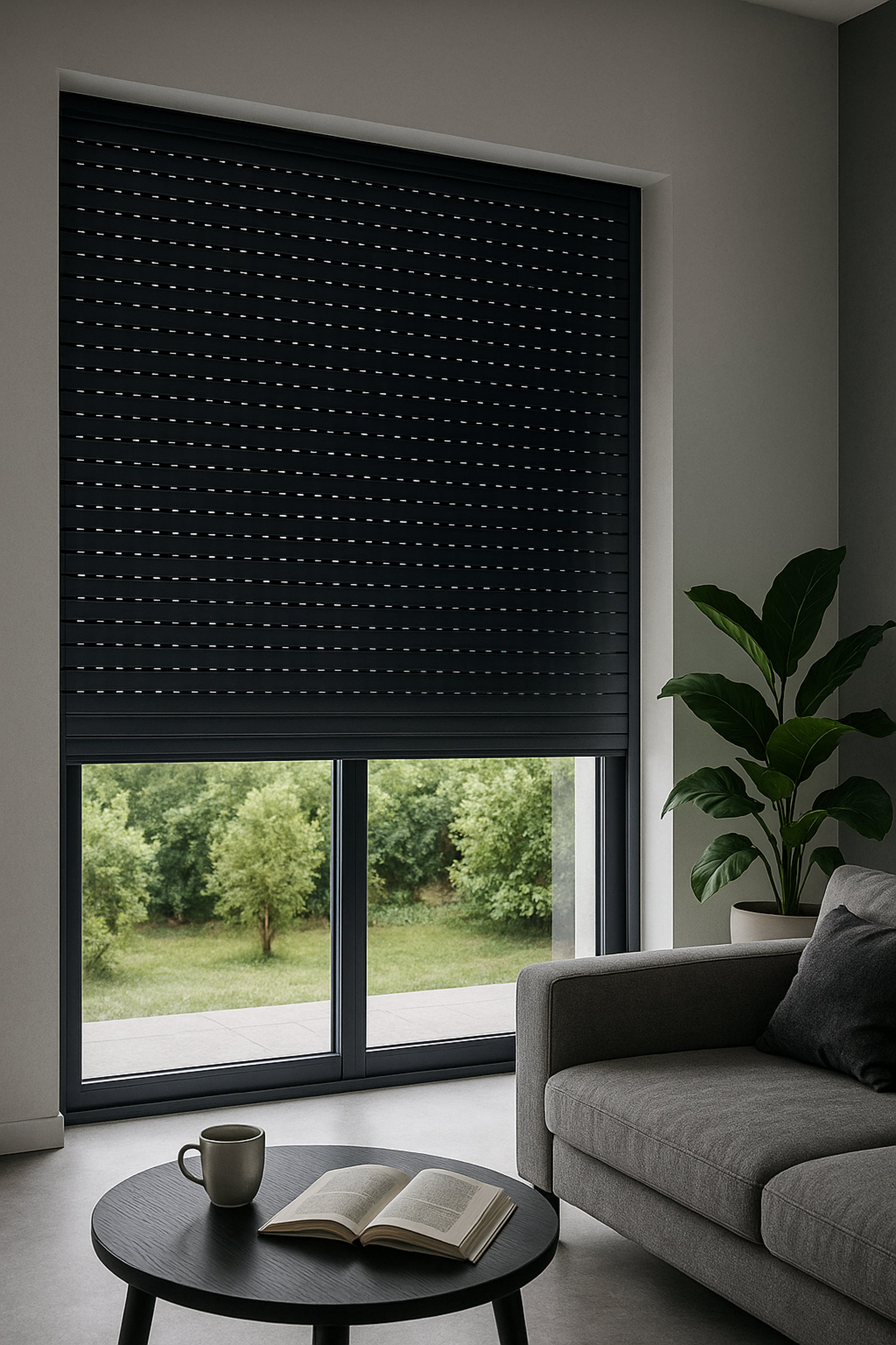Volet roulant fermé sur une grande fenêtre dans un salon moderne avec vue sur jardin