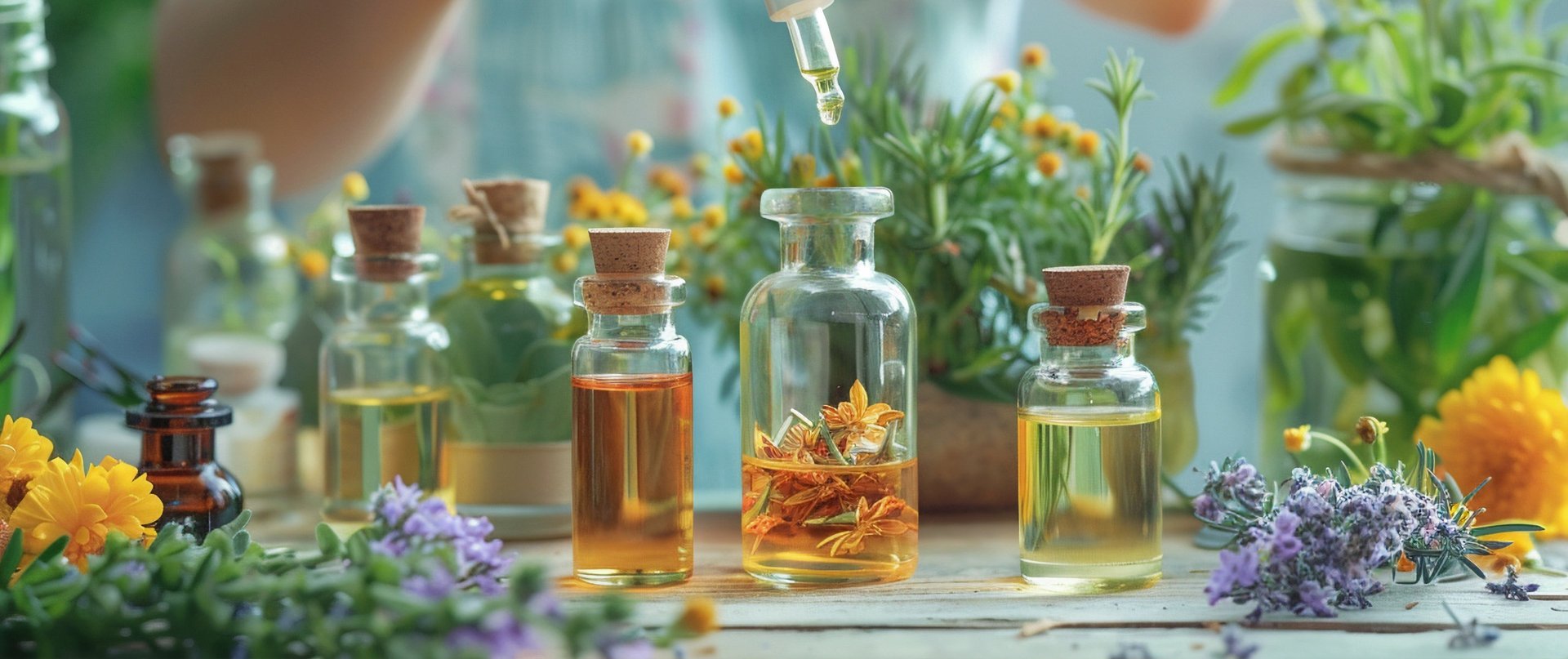 Original perfume making with natural plants and flowers; creating fragrance with essential oils.