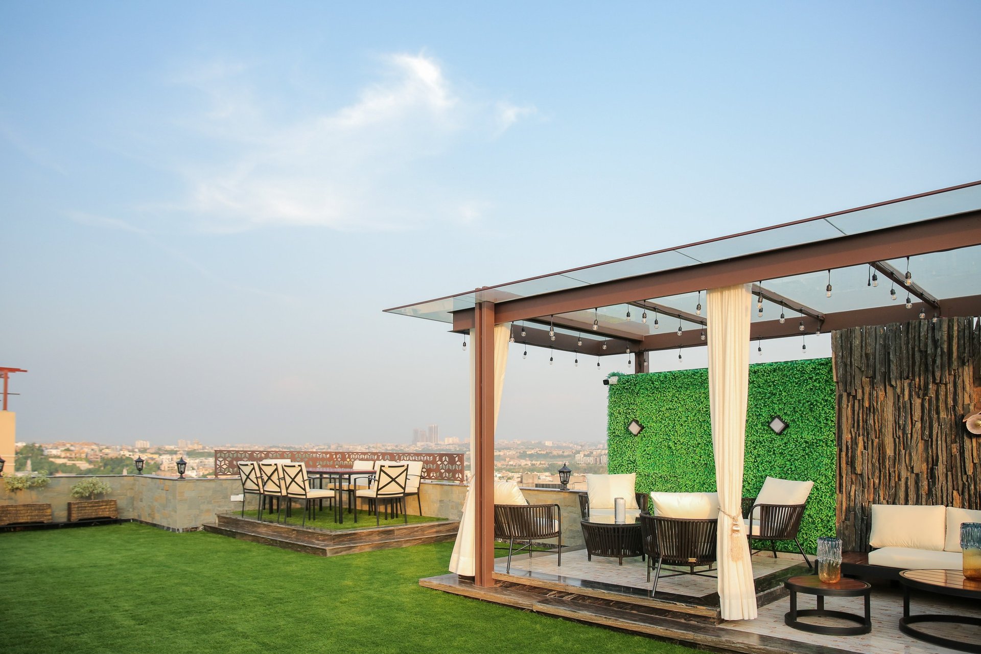 an abstract photo of a curved building with a blue sky in the background