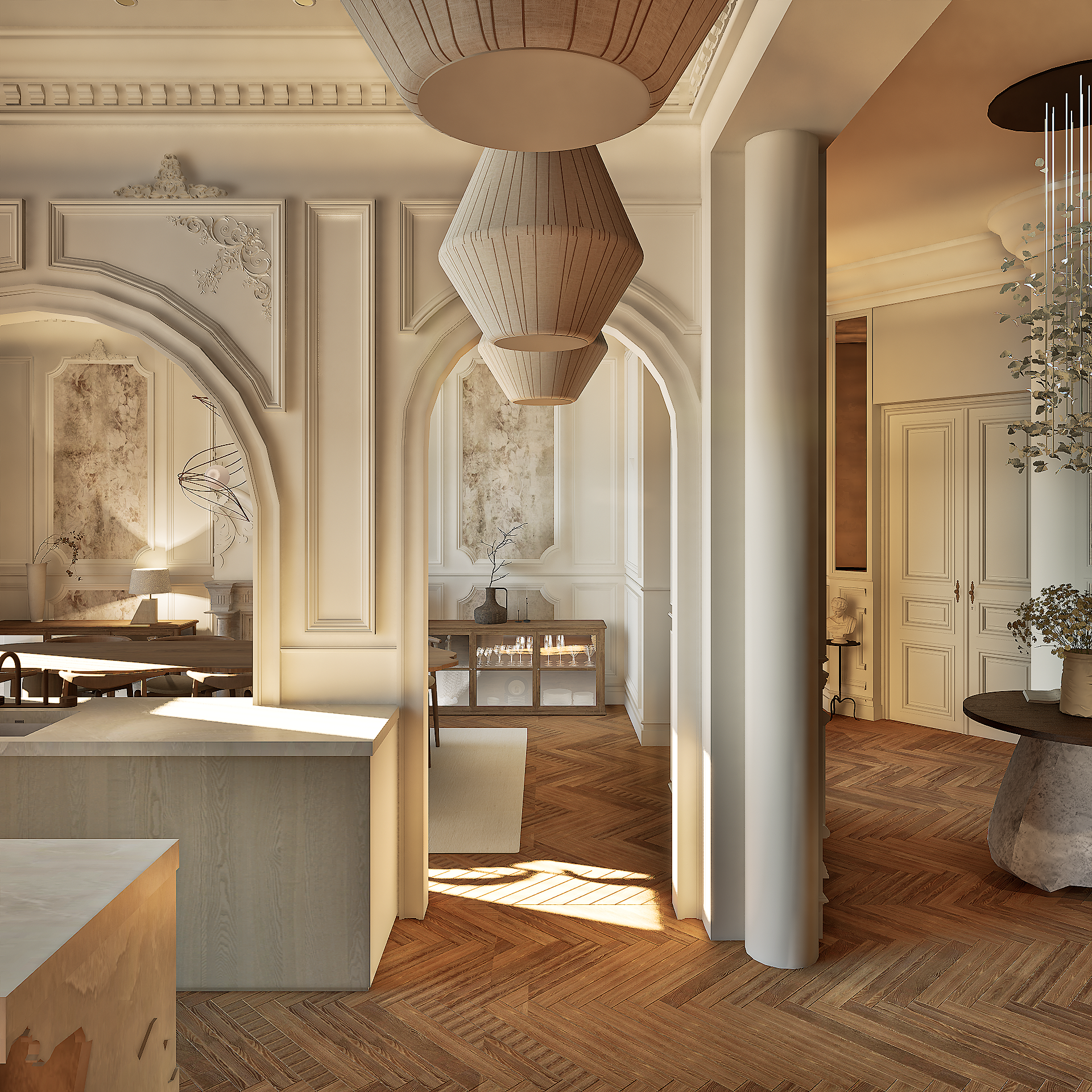 an abstract photo of a curved building with a blue sky in the background