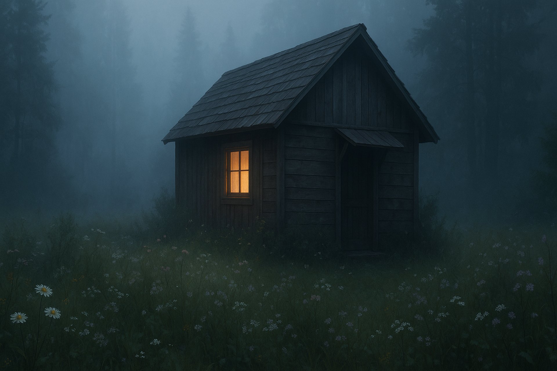 A quiet forest at dusk with a small, warmly lit house in the distance — no visible path, only mist curling through the trees.