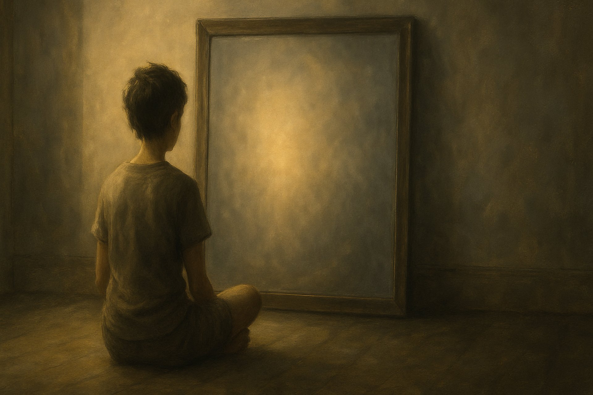 Young Figure seats in front of a fogged mirror
