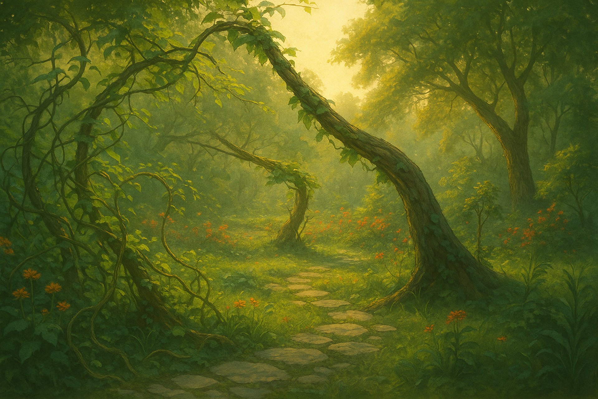 There is a garden that does not grow in straight lines. Its trees lean sideways, its vines twist across the ground.