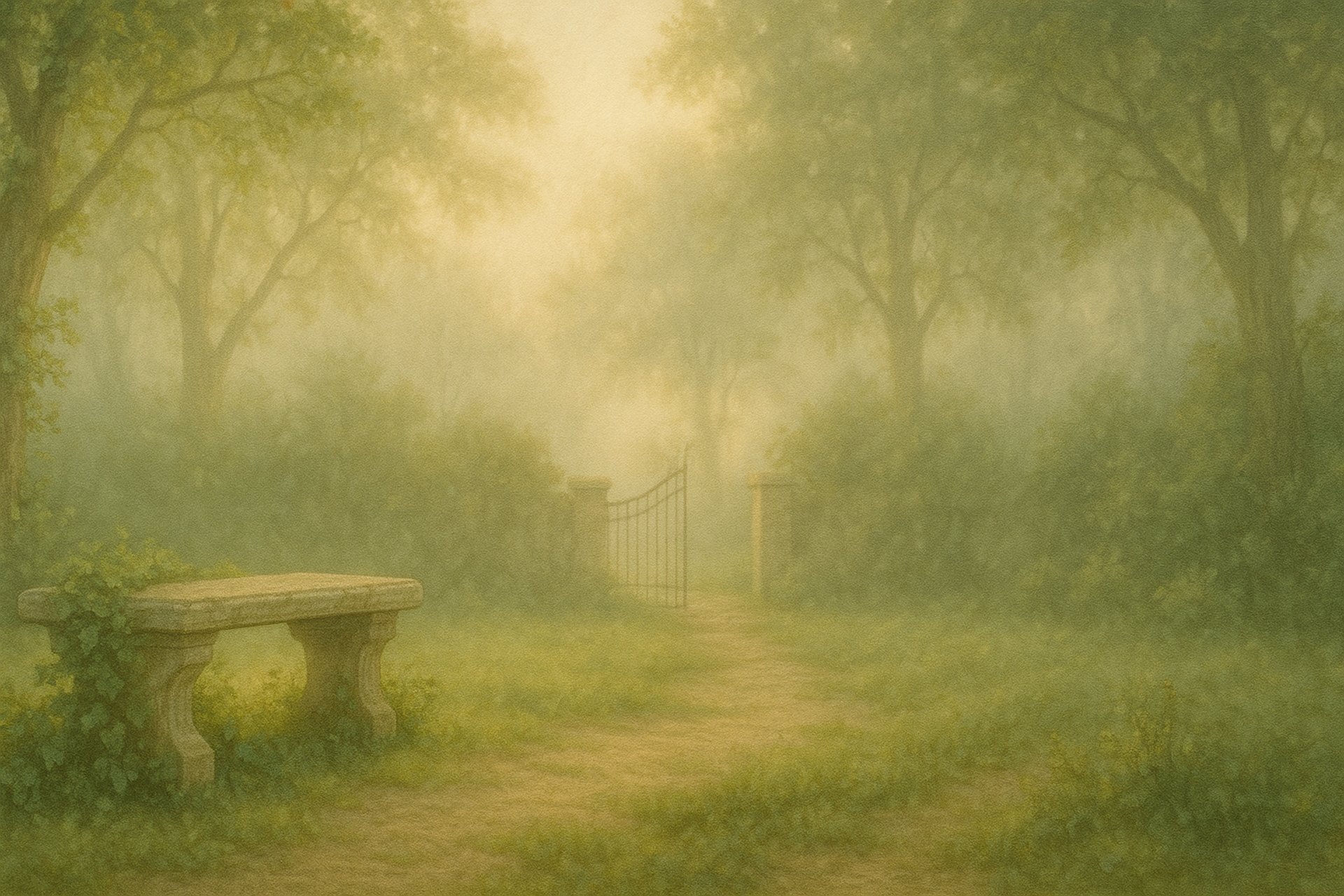 A sacred mountain path veiled in early morning fog. A lone figure walks forward through the mist, surrounded by golden light