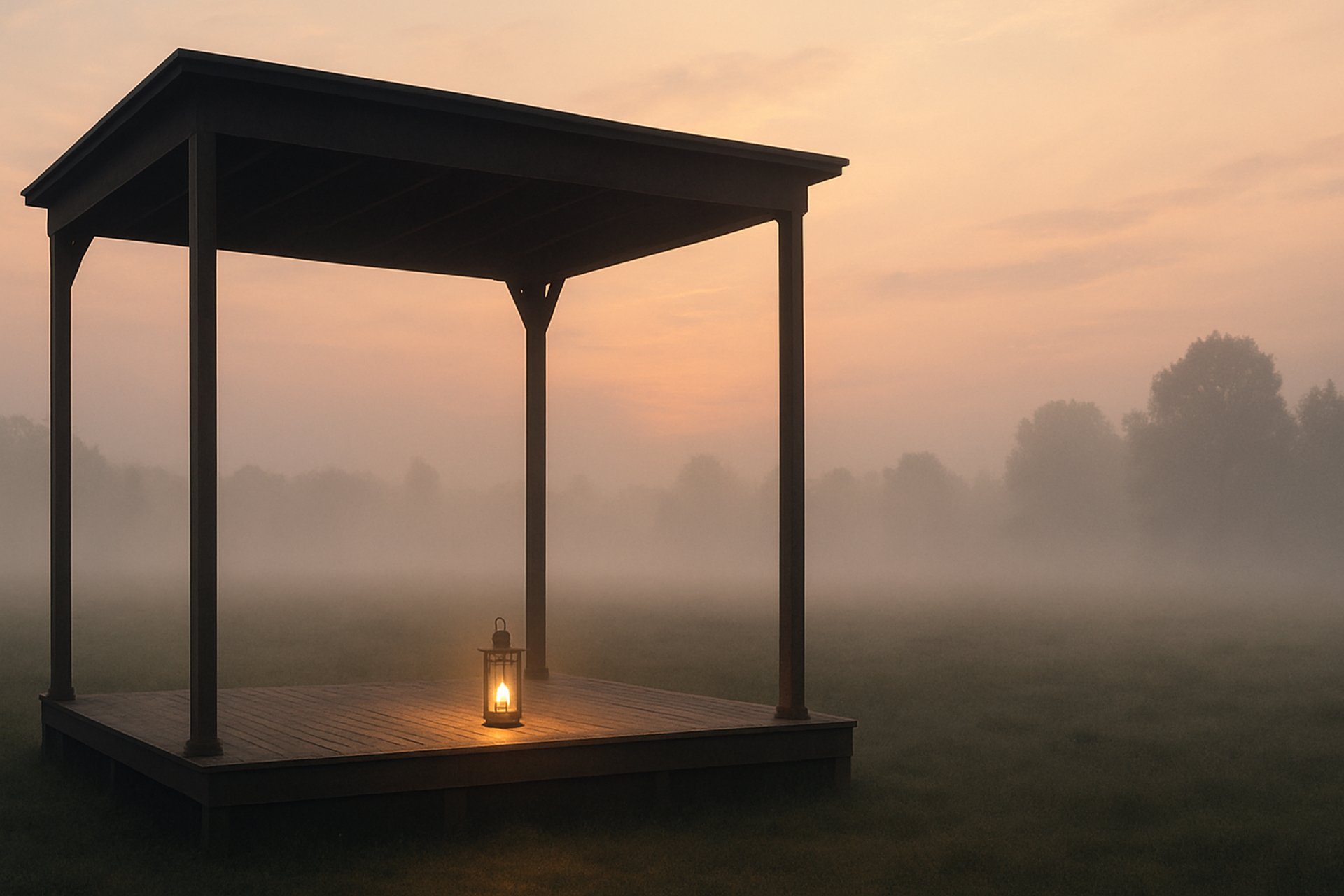 A symbolic and sacred landscape: a solitary stage in a misty, open field at dawn. No curtains, no audience—just soft fog.