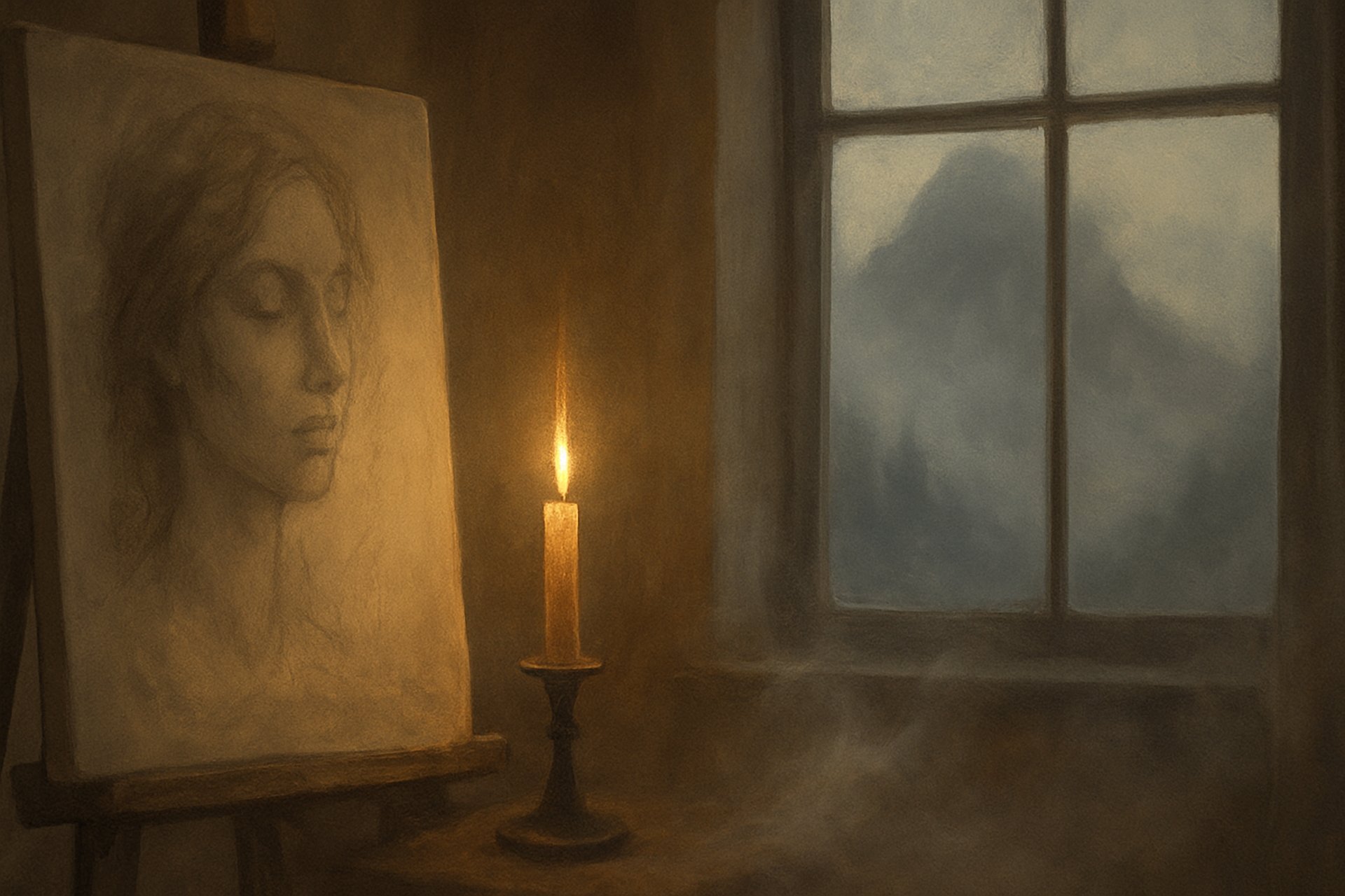 A symbolic, sacred visual of an unfinished portrait beside a candle-lit canvas. Mist weaves through a quiet artist’s room.