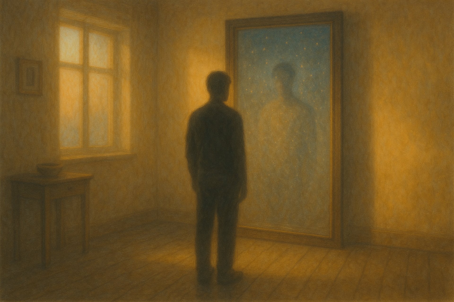 Young Figure seats in front of a fogged mirror