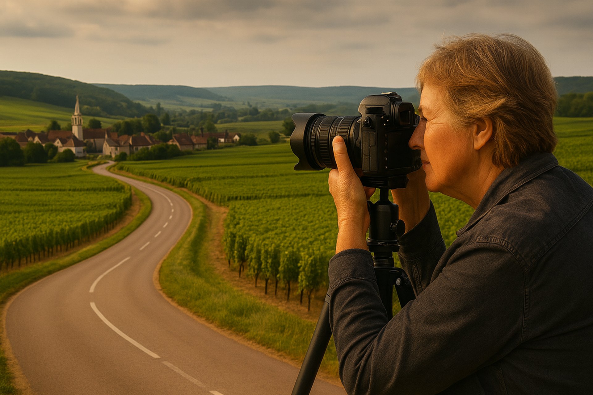 Elderly male photographer photographing a landscape scene of a winding road using a tripod 