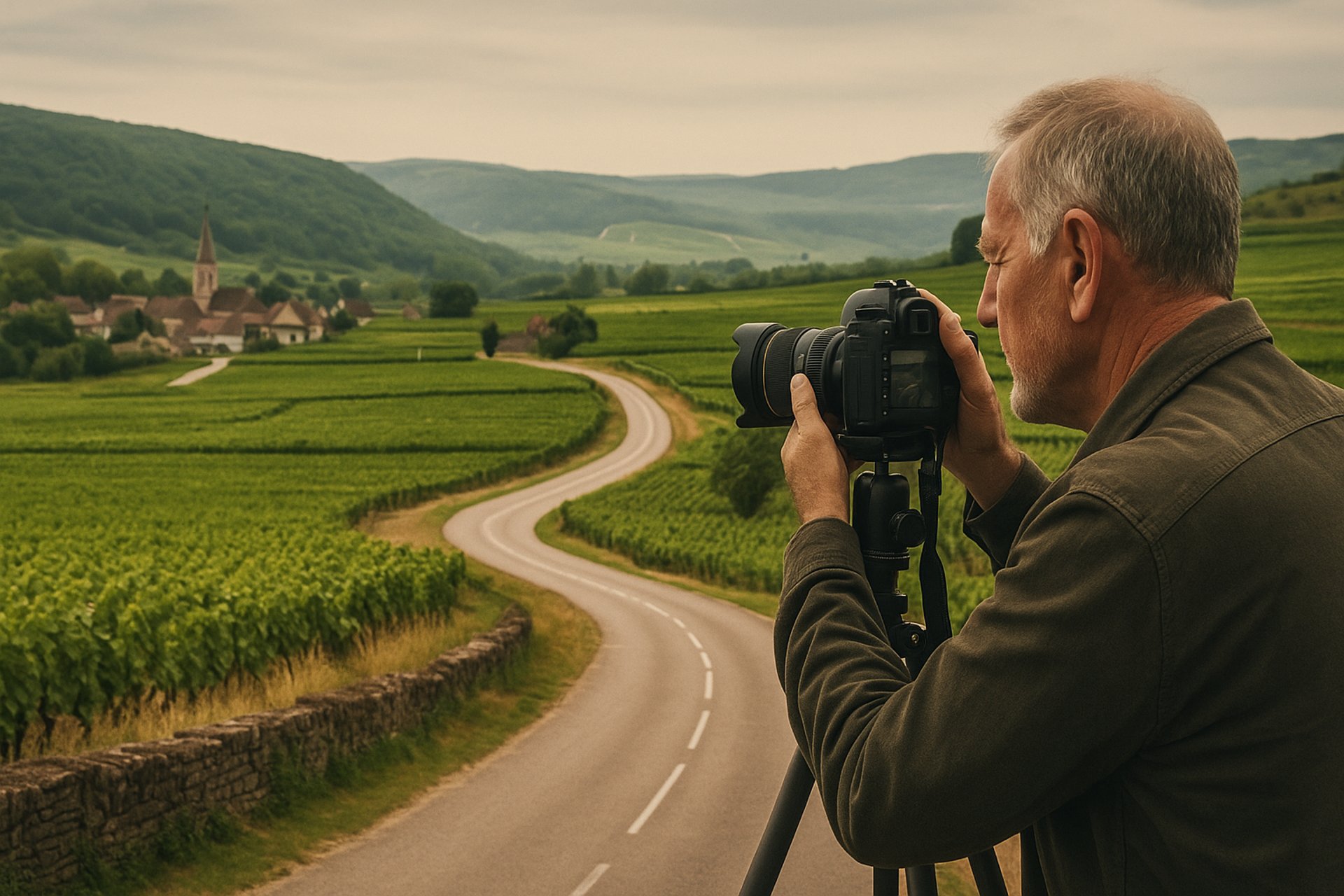 Elderly male photographer photographing a landscape scene of a winding road using a tripod 