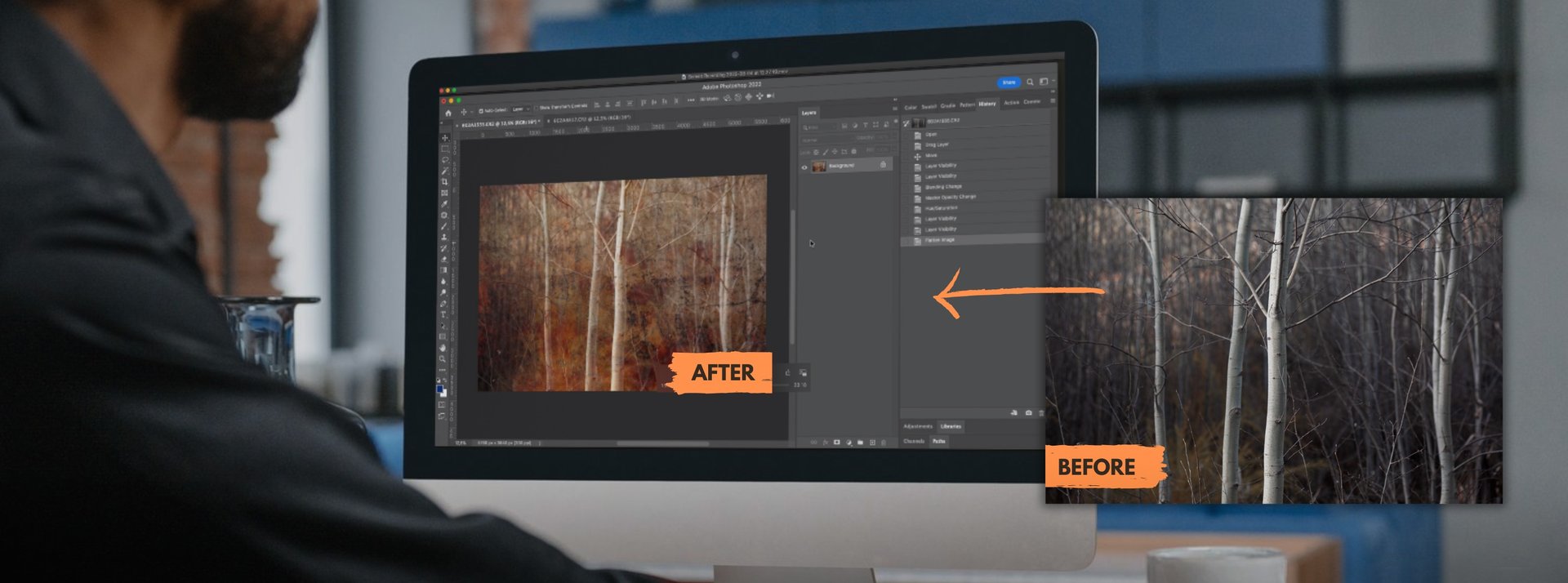 Before and after image editing in Photoshop, showing artistic color enhancements applied to a forest scene.