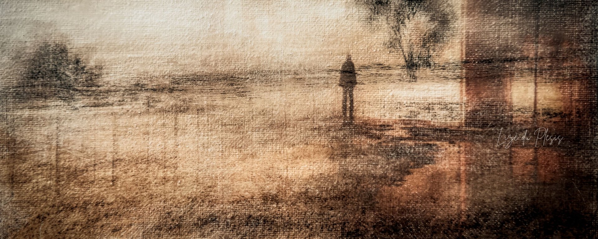 Abstract fine art photograph featuring a solitary figure in a textured, earthy-toned landscape by Lizé du Plessis.