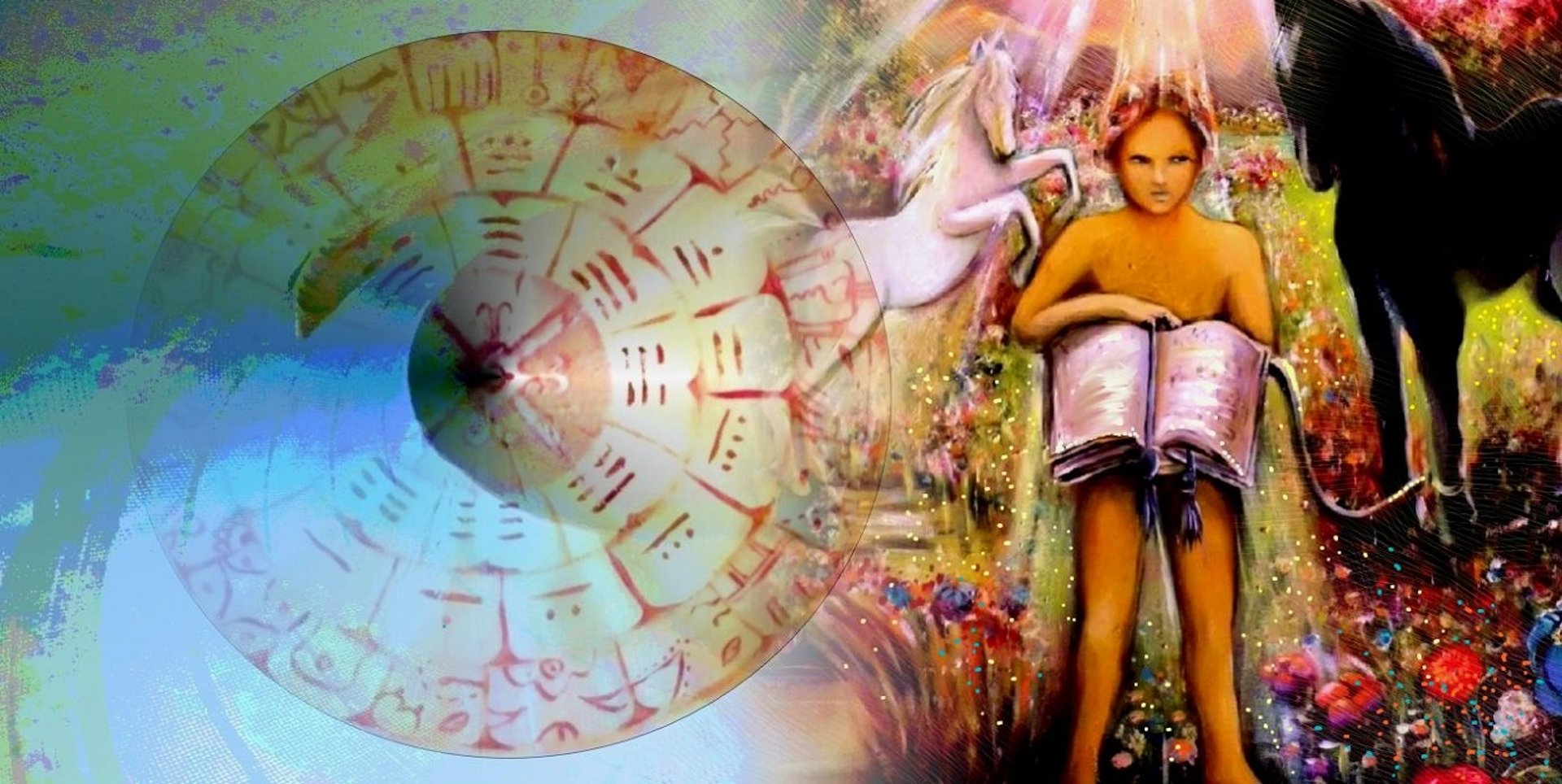 A boy holding open book black and white horses Tarot Card 19 The Doer Perform The Right Action I Am One Tarot