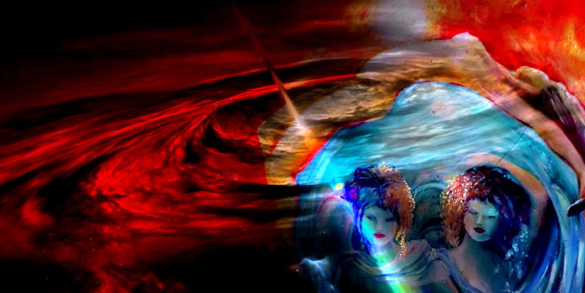 Red ring around blue water with 2 creatures inside Tarot Card 6 The Unity I Am One Tarot