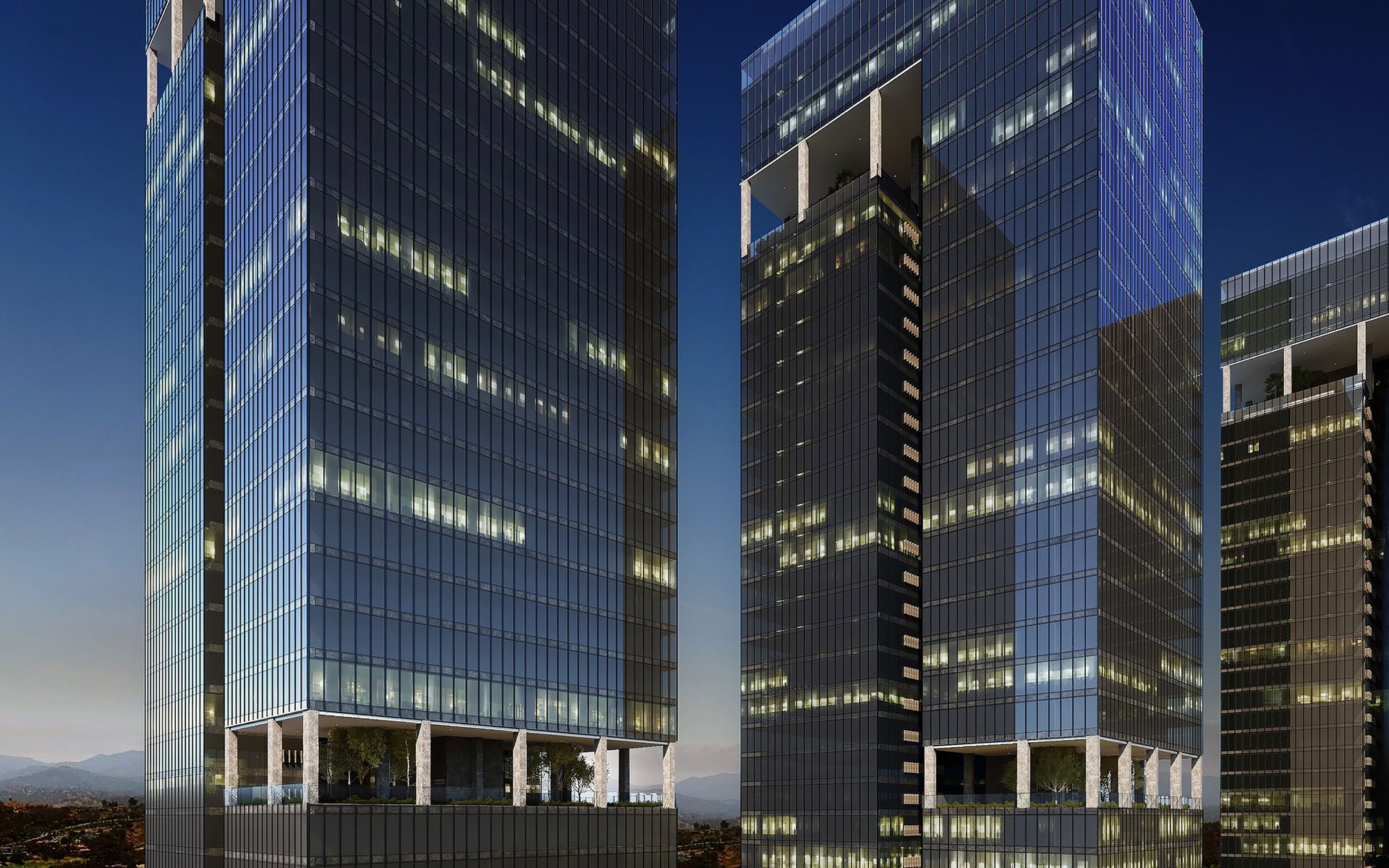 an abstract photo of a curved building with a blue sky in the background