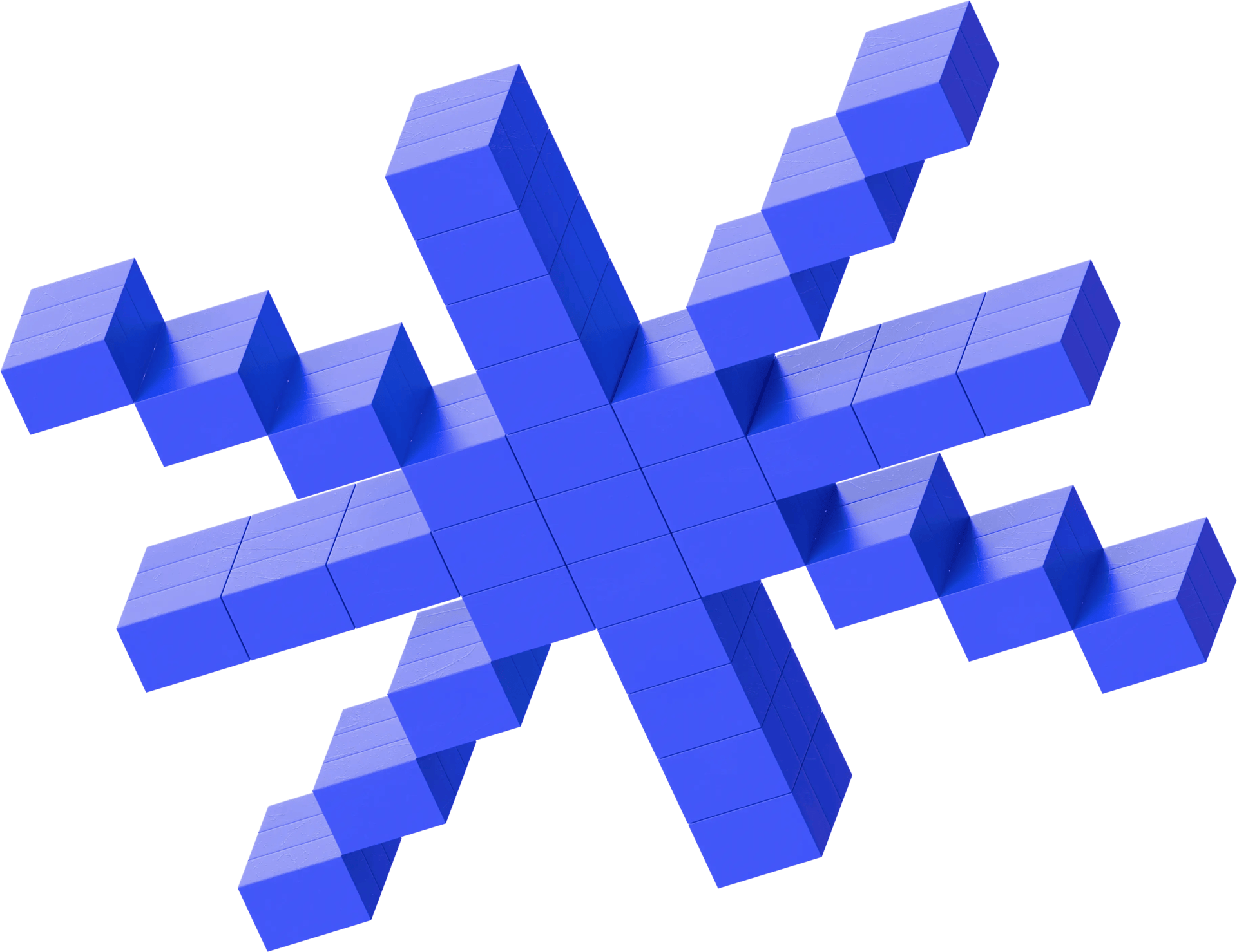 Abstract 3D blue pixel art snowflake or starburst graphic made of blocks on a black background.