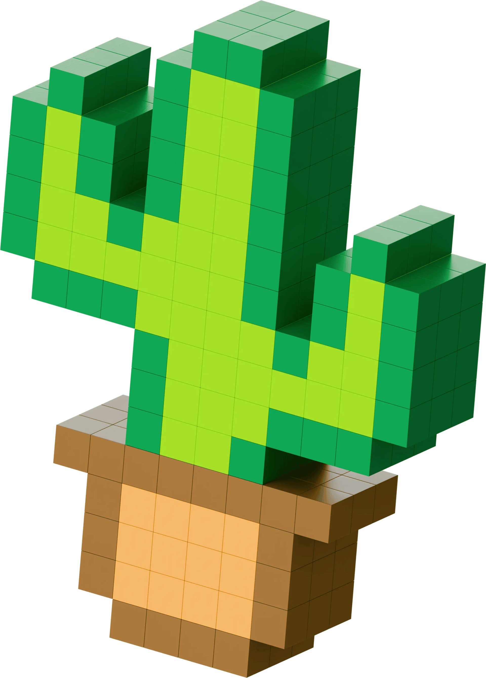 A 3D green pixel art cactus in a brown pot, stylized voxel plant model for gaming and digital design.