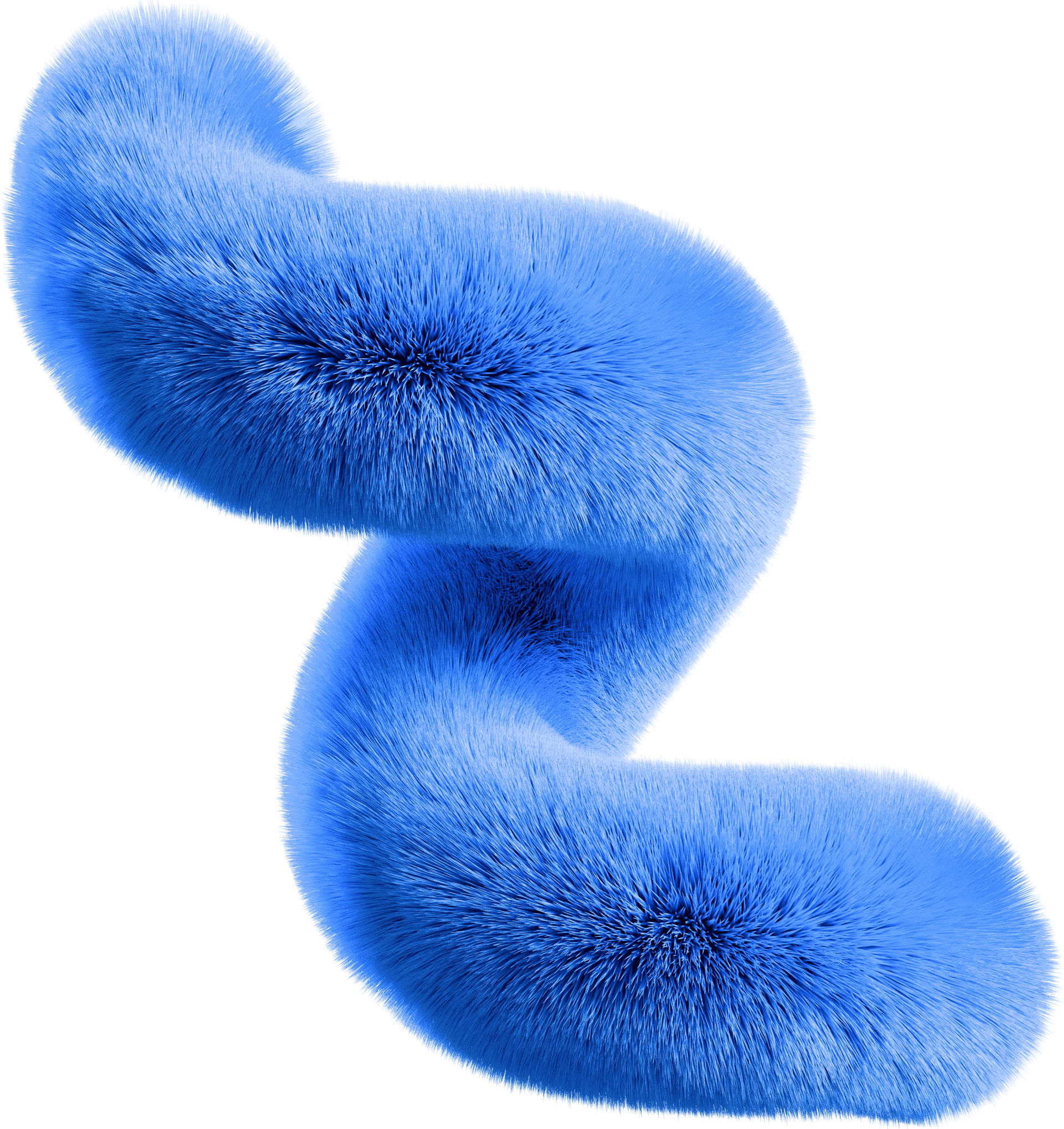 A curved, 3D abstract blue fuzzy shape with a soft furry texture isolated on a black background.