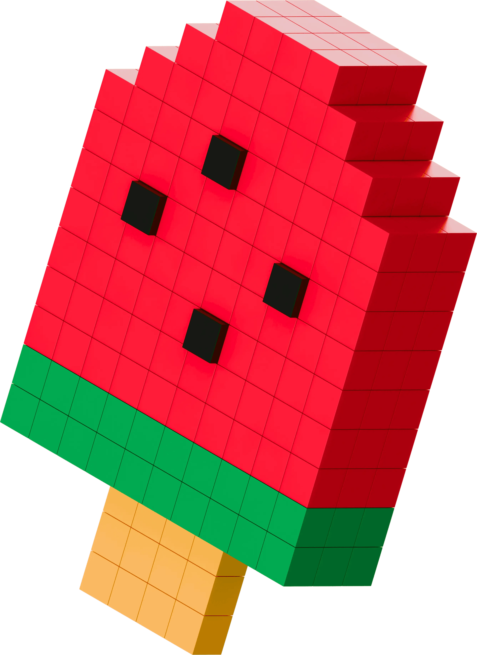 Voxel art watermelon popsicle 3D model made of red, green, and black pixel blocks.