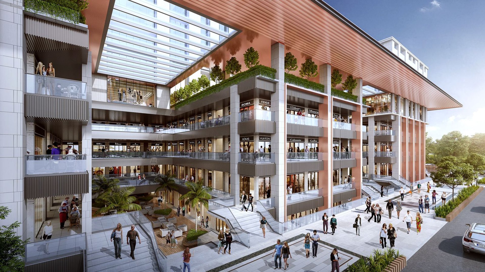 an abstract photo of a curved building with a blue sky in the background