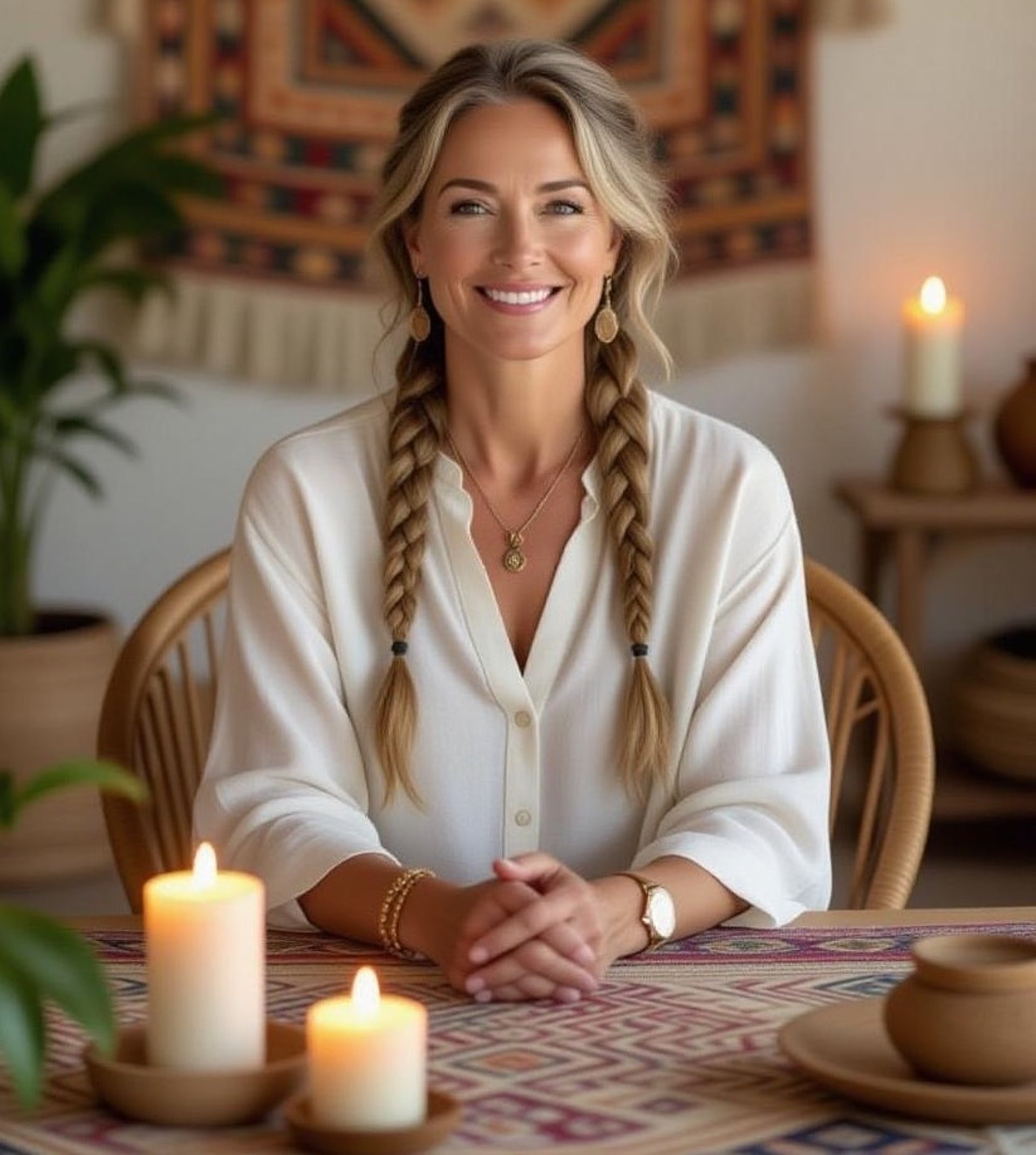 InnerLoom Life Coaching: woman sitting calmly with braided hair practicing grounding and reflection