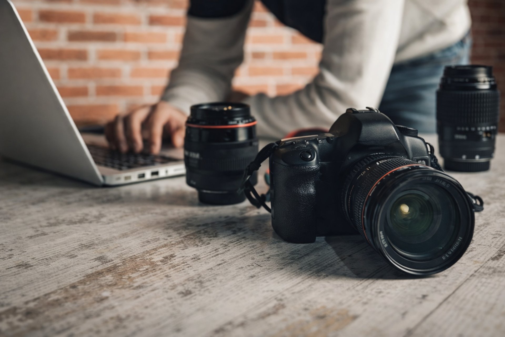 Camera equipment laid out on a desk