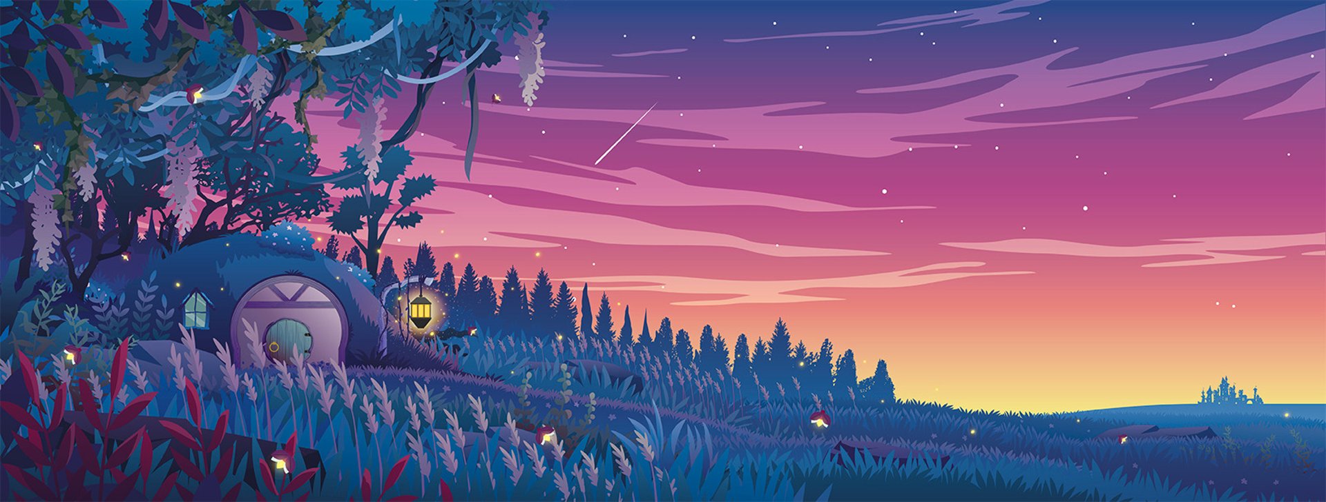 paysage de l'orée d'une forêt au crépuscule  avec une petite maison et des plaines avec des herbes sauvages