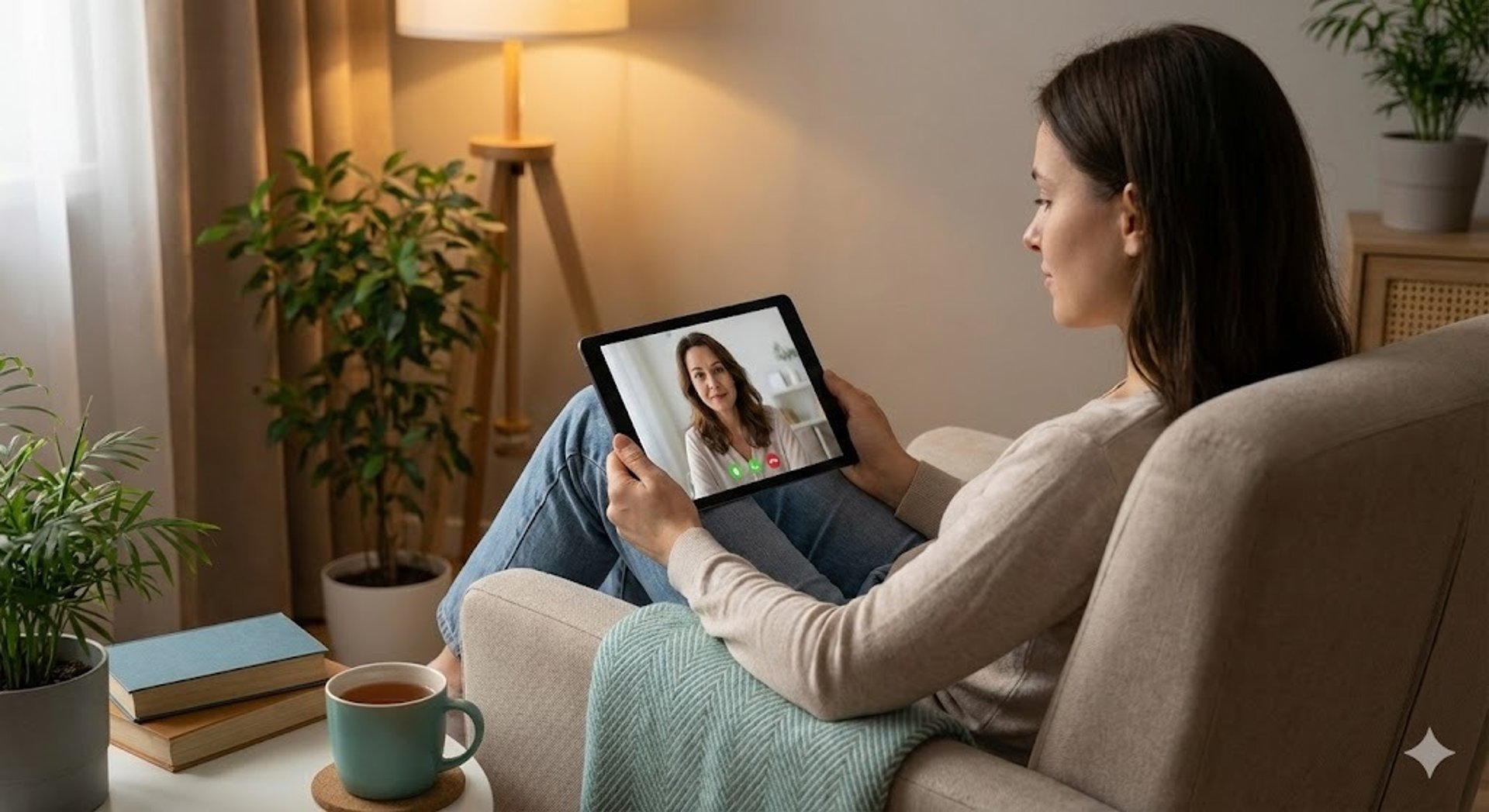 a woman standing in front of a counter holding a cell phone