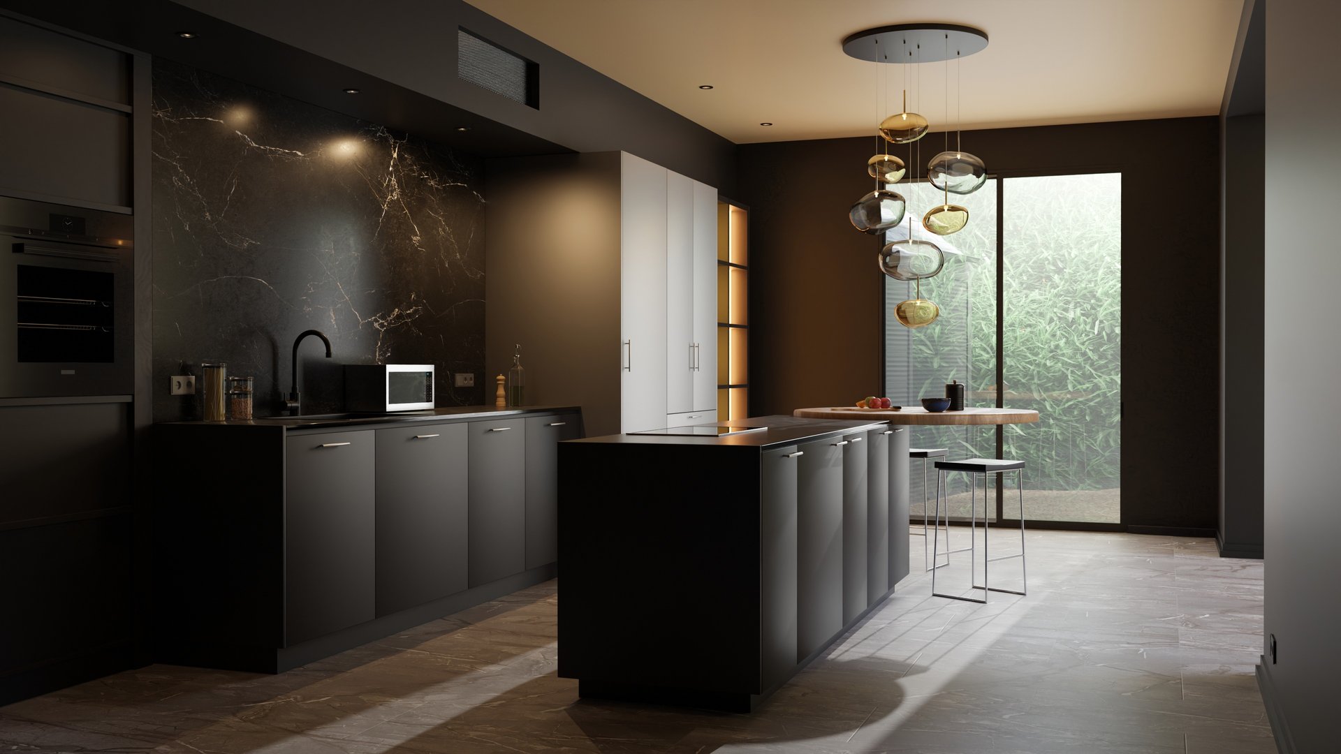 Cuisine moderne en tons sombres avec îlot central, crédence en marbre noir et suspensions design Moss Series en verre fumé et