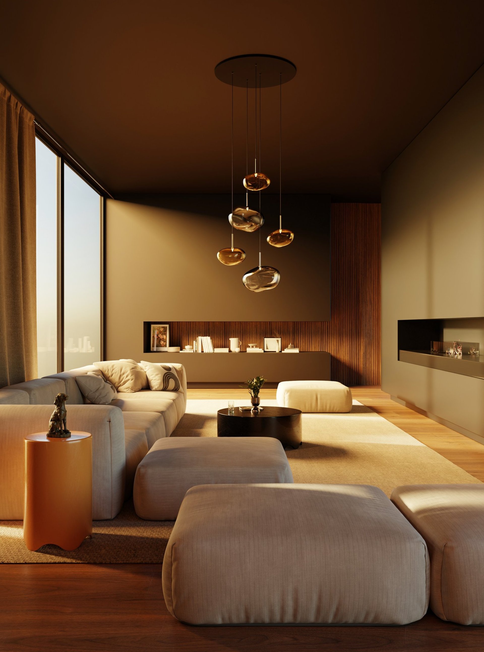 Rendu 3D photoréaliste d’un salon contemporain au coucher du soleil, avec canapés beiges, suspension design en verre soufflé,